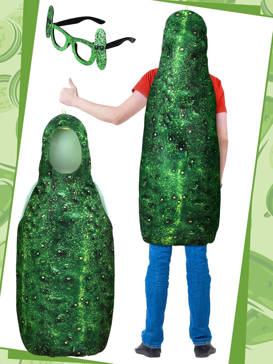 2 Pcs Pickle Costume Green Food Cosplay Clothing and Glasses Unisex Funny Food Costume for Men and Women Pickle Jumpsuit with Glasses for Cosplay - Image 6