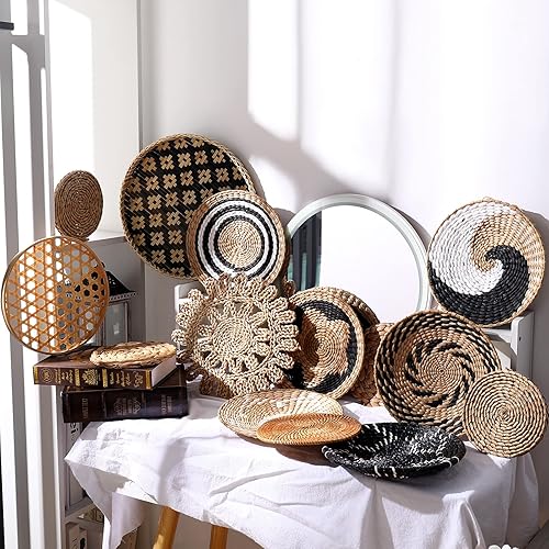 Miniatura 7 de Nuenen Juego de 14 cestas de pared tejidas colgantes, cesta bohemia, decoración de pared, decoración rústica de pared, cestas de cocina colgantes
