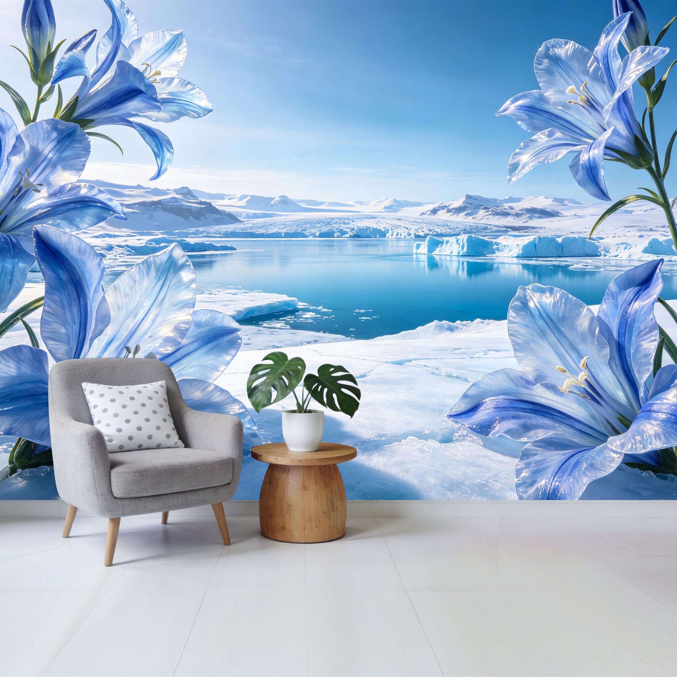 Qzlithotic Yq2605250333 Custom Size Wall Mural Frozen Blue Lily Flower Snowy Glacier Mountain Lake Landscape Selfadhesive Wall Fabric Removable Wallpaper For Home Office Decor