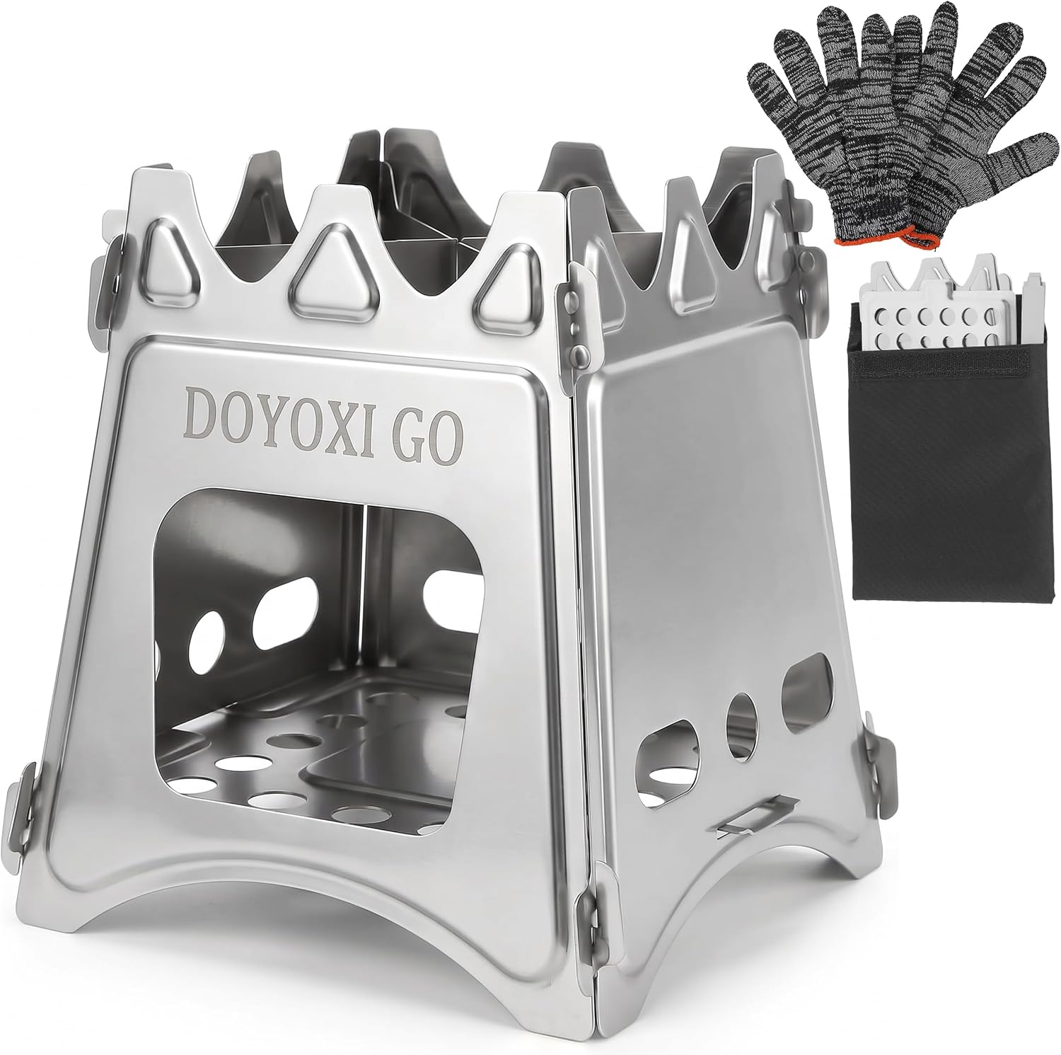 Portable Camping Wood Stove, Quick-Starting Stainless Steel Lightweight Backpacking Stove with Carrying Bag for Outdoor Cooking, Hiking, Picnic, Beach, BBQ