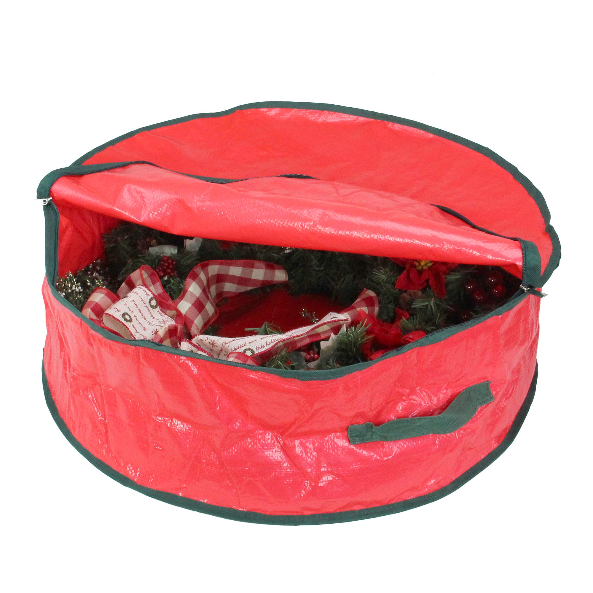 Northlight 24” Red and Green Christmas Wreath Round Storage Bag with Carrying Handle
