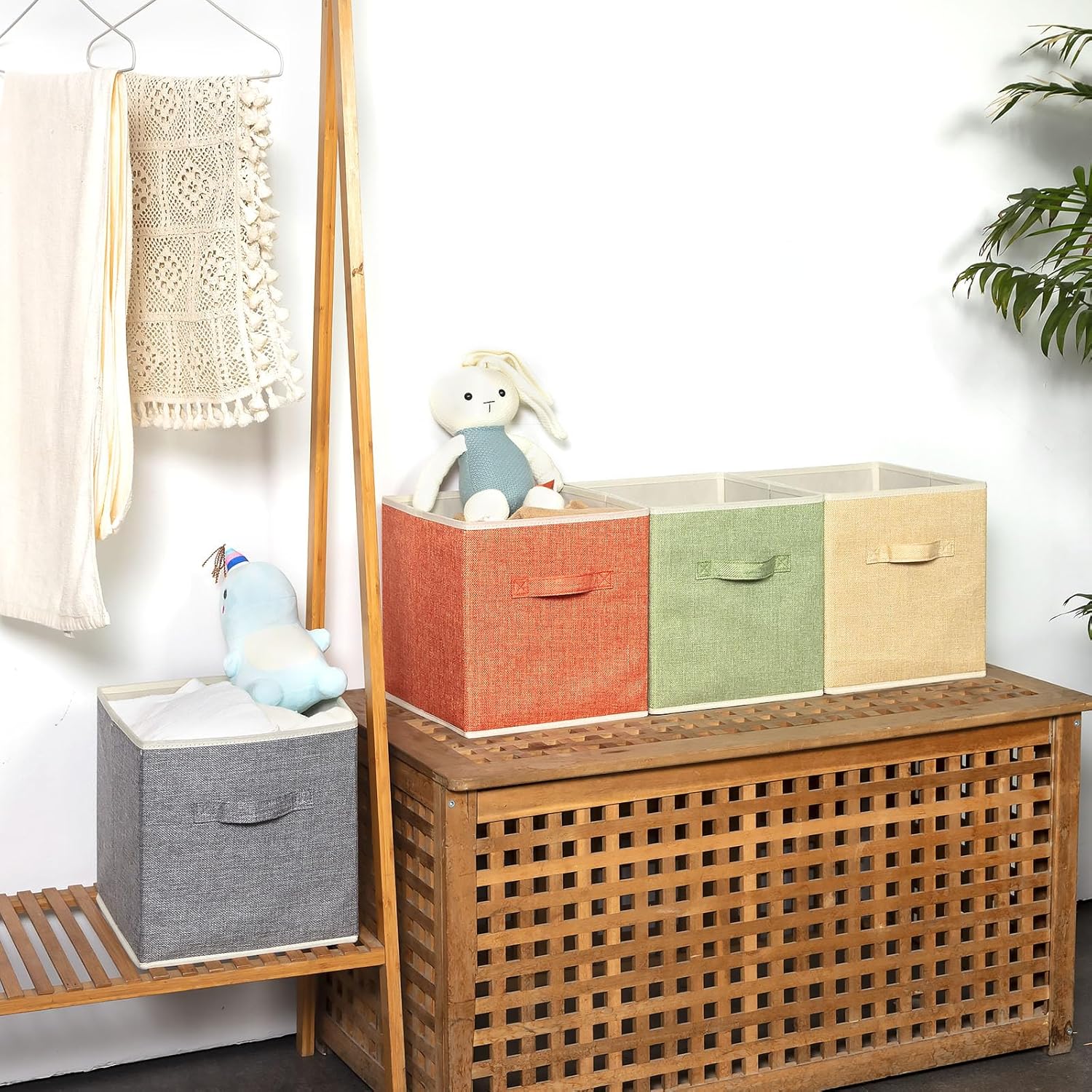 Storage Cube Organizer Bin 10.5" x 10.5" x 11" Large Boxes Fabric Basket with Handles for Organizing Shelves Closet Clothes 4 Color Set A - Image 2