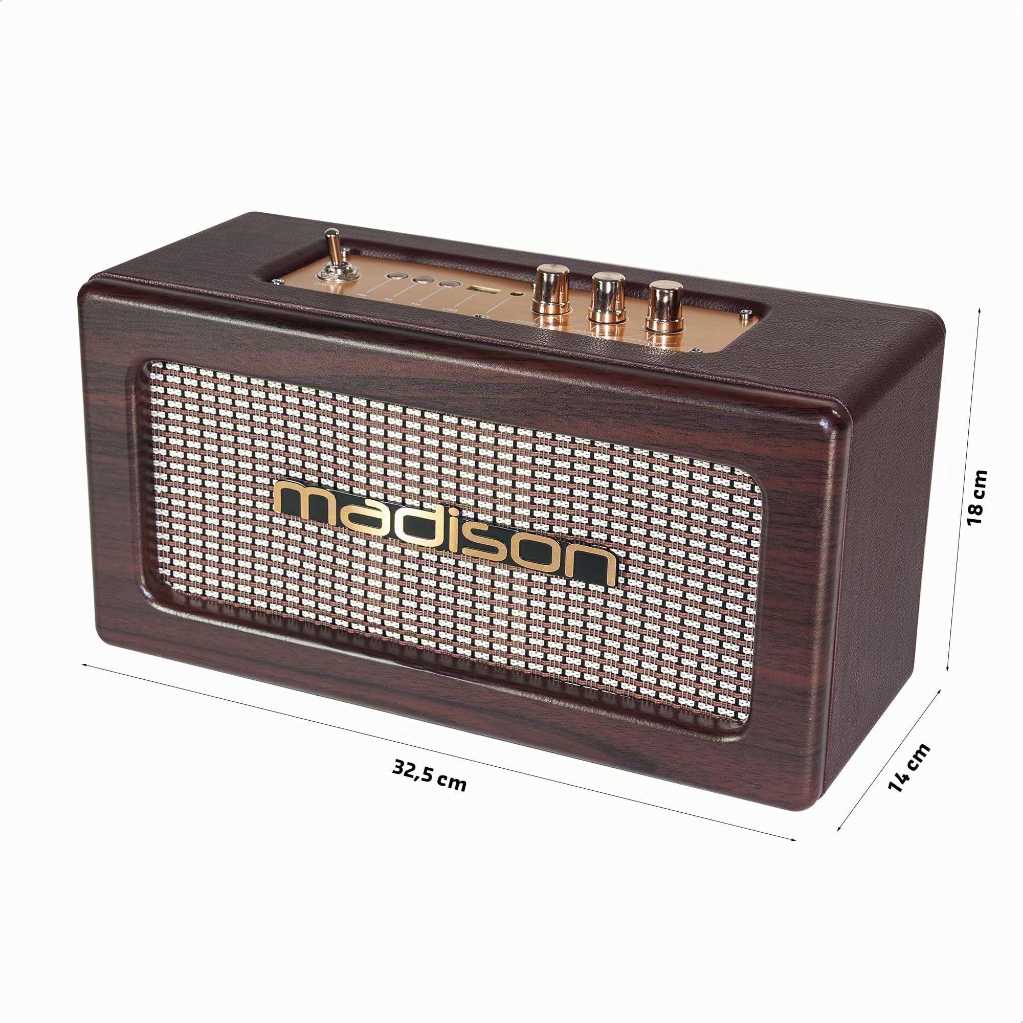 Madison - FREESOUND-VINTAGE-WD - Altavoz vintage con batería con USB, Bluetooth y AUX-IN - 2 x 10W - Acabado madera