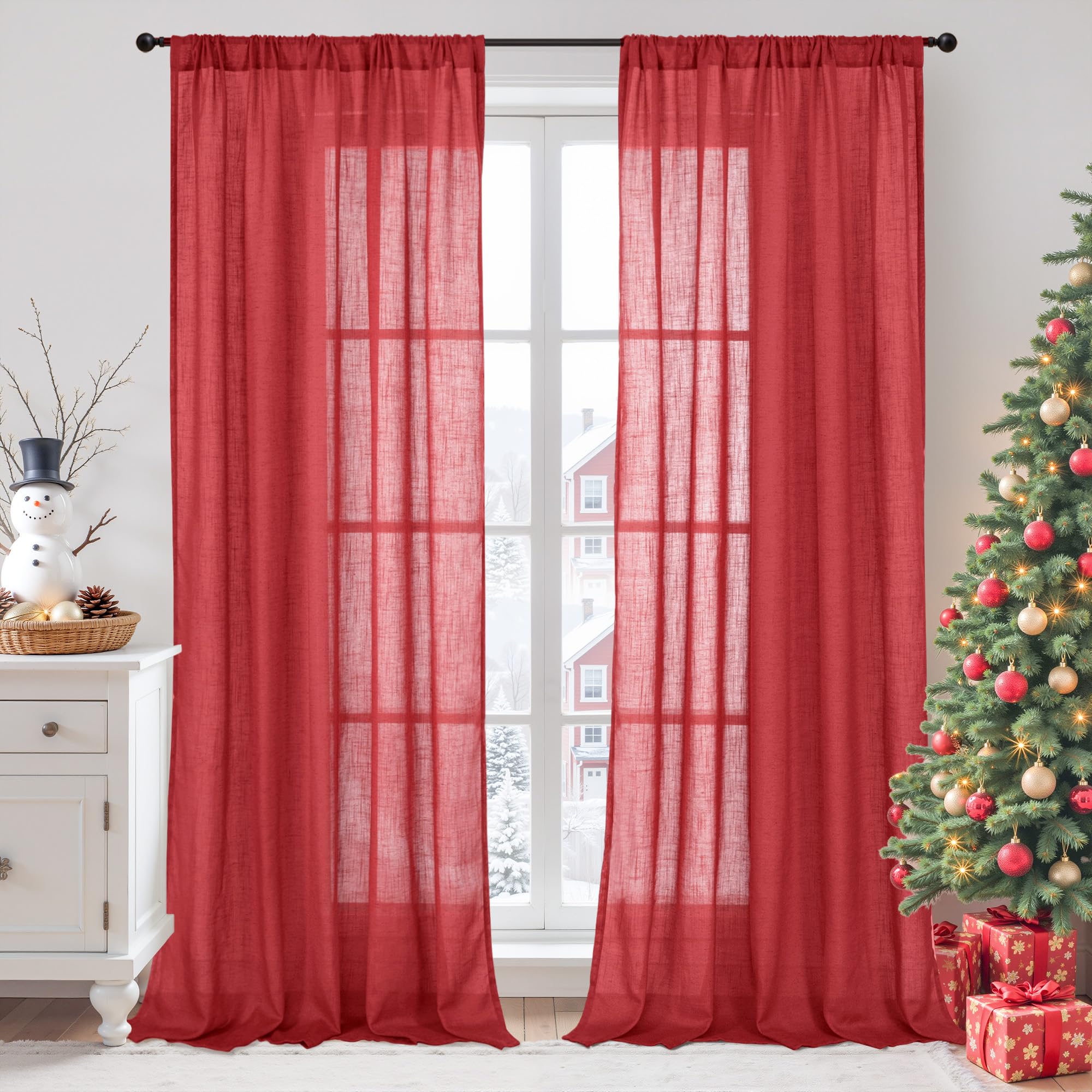 BGment Red Linen Semi Sheer Curtains for Living Room - Light Filtering Window Drapes with Rod Pocket for Dining Bedroom Lightweight, 2 Panels Set, 52 X 80 Inch