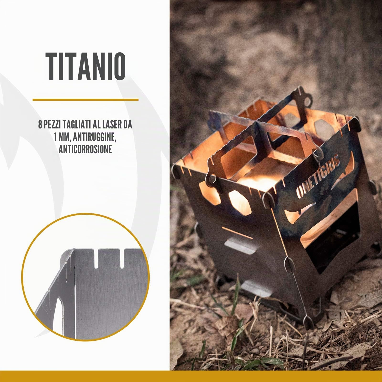 OneTigris ROCUBOID Forno a legna da campeggio portatile in titanio, fornello da campeggio con alcol per escursioni, bus, trekking, outdoor, leggero e pieghevole, custodia inclusa (Titanio)