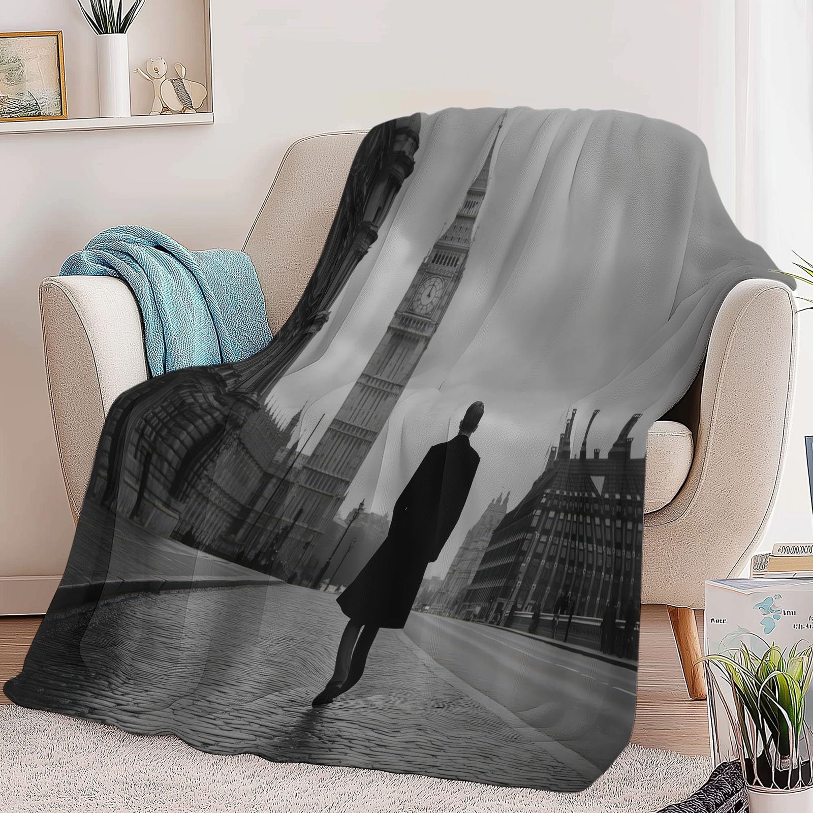 Genérico Flanelowy koc fotograficzny męski Big Ben koce Sherpa 150 x 200 cm miękkie ciepłe koce z mikrofibry, czarno-biały sofa koc wełniany kemping sypialnia salon dekoracja domu