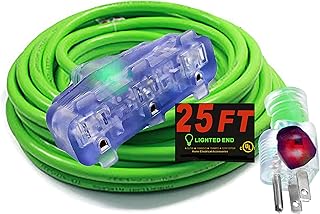pizety 10/3 Contractor Grade 25 ft 10 Gauge Power Extension Cord Indoor Outdoor 10/3 Plug Triple Tap Extension Cord with Lighted Ends Heavy Duty Extension Cord 25 ft Triple Tap Extension Cord Green