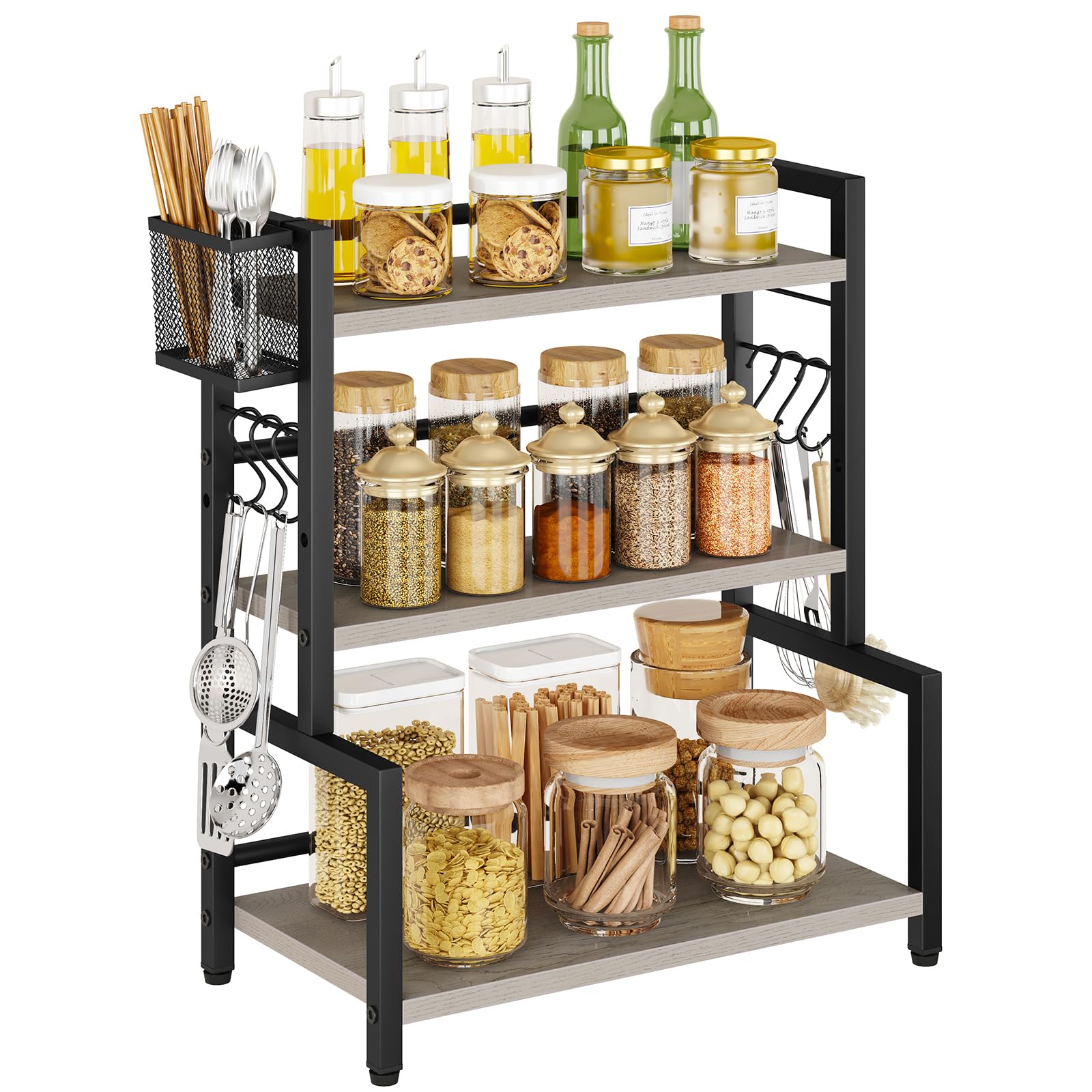 YMYNY Kitchen Spice Rack with Wire Basket, Countertop Shelf for Cabinet, Desktop Organiser with 6 Hooks, Storage Seasoning Rack for Spices, Jars, Oil Bottles Grey HSR006Y โ image 1