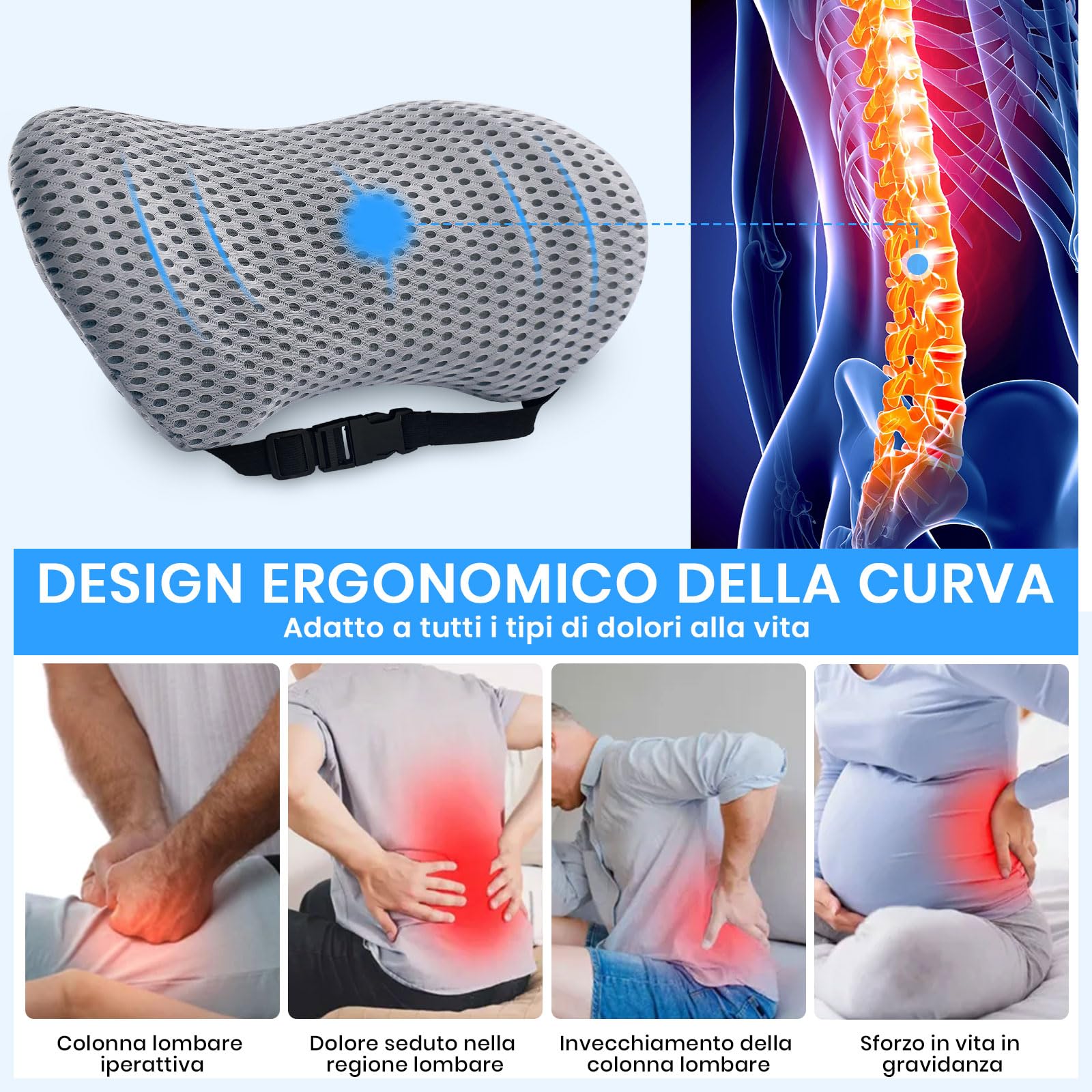 Cojin Lumbar Coche,Cojin Lumbar Silla Oficina,Espuma Viscoelástica Cojín Ergonómico para Casa, Respaldo Cojín Lumbar con Adjustable Straps,para Coche,Silla Oficina,Sofa Soporte Lumbar (Gris)