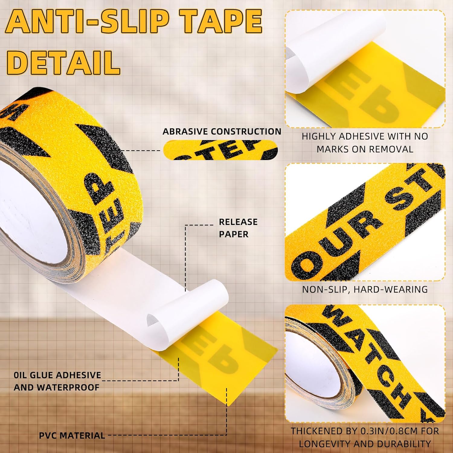 6 Rolls Watch Your Step Caution Tape 1.97in x 16.4ft, Black Yellow Anti Slip Floor Decals Warning Sticker Safety Tape for Steps Stairs Ladder, Indoor Outdoor Treads