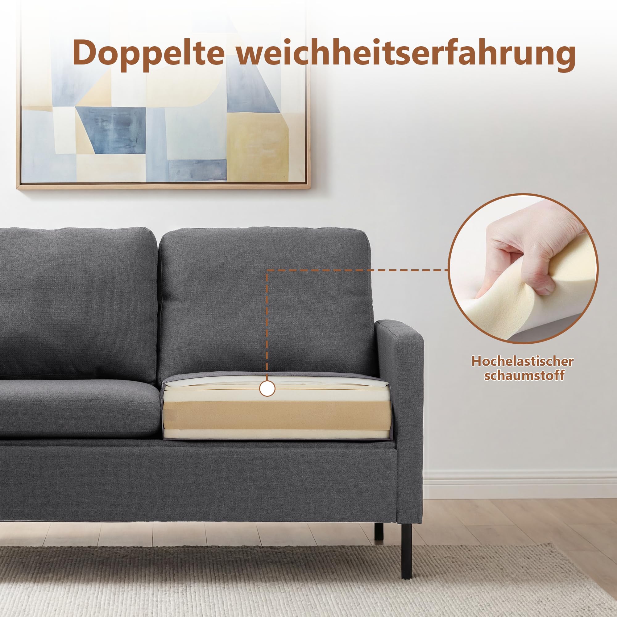 ROCSUMOO Kleines Sofa 2 Sitzer, 143 cm 2 er Couch (Dunkelgrau) | mit 2 USB-Ladeanschlüssen & Aufbewahrungstasche, Modernes Zweisitzer-Sofa, Kleine Wohnzimmer Couch