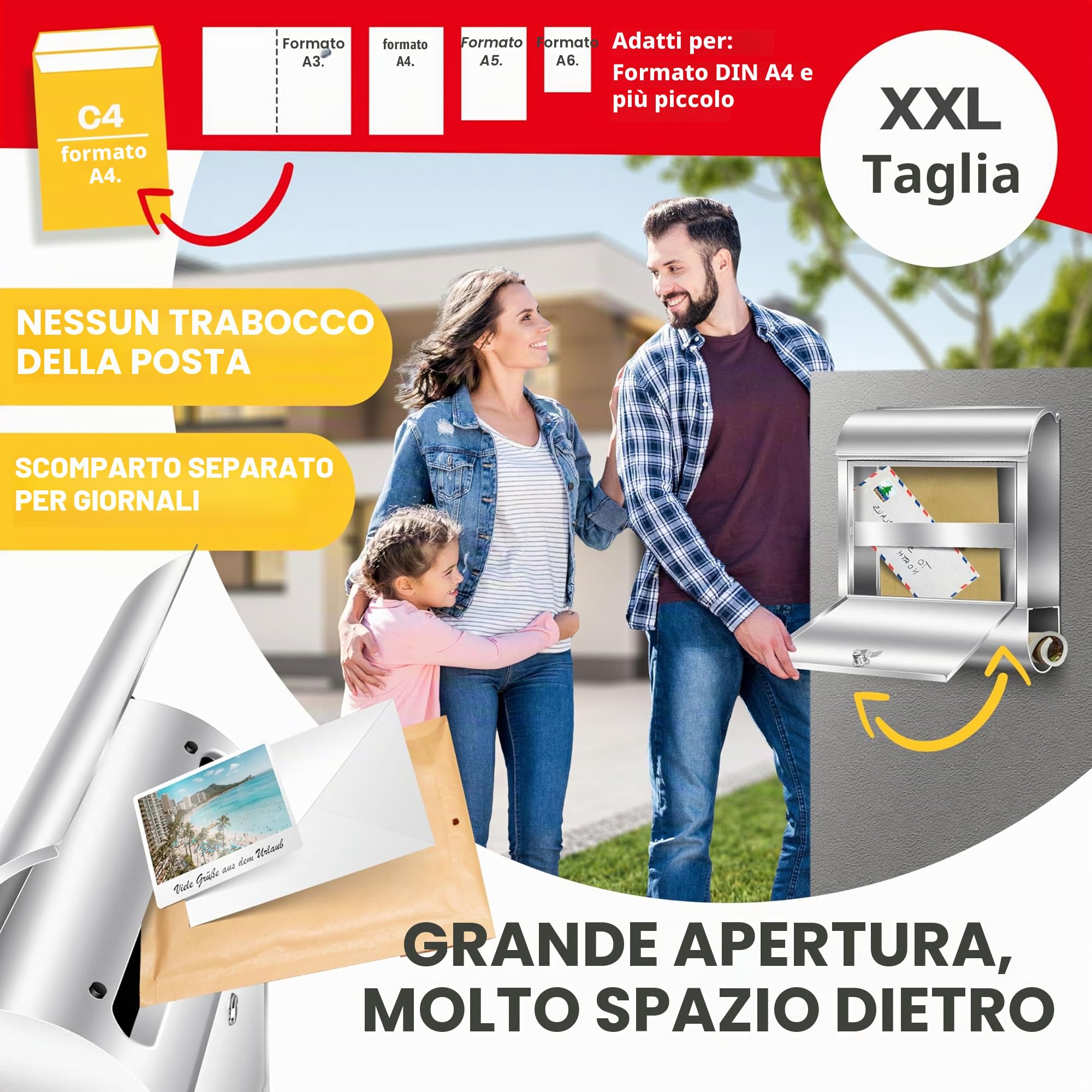 KESSER® Cassetta della Posta XXL in acciaio inox spazzolato con Scomparto per Giornali, 3x Chiudibile a chiave, Verniciata a polvere, Montaggio a parete, Ampia fessura frontale, Argento