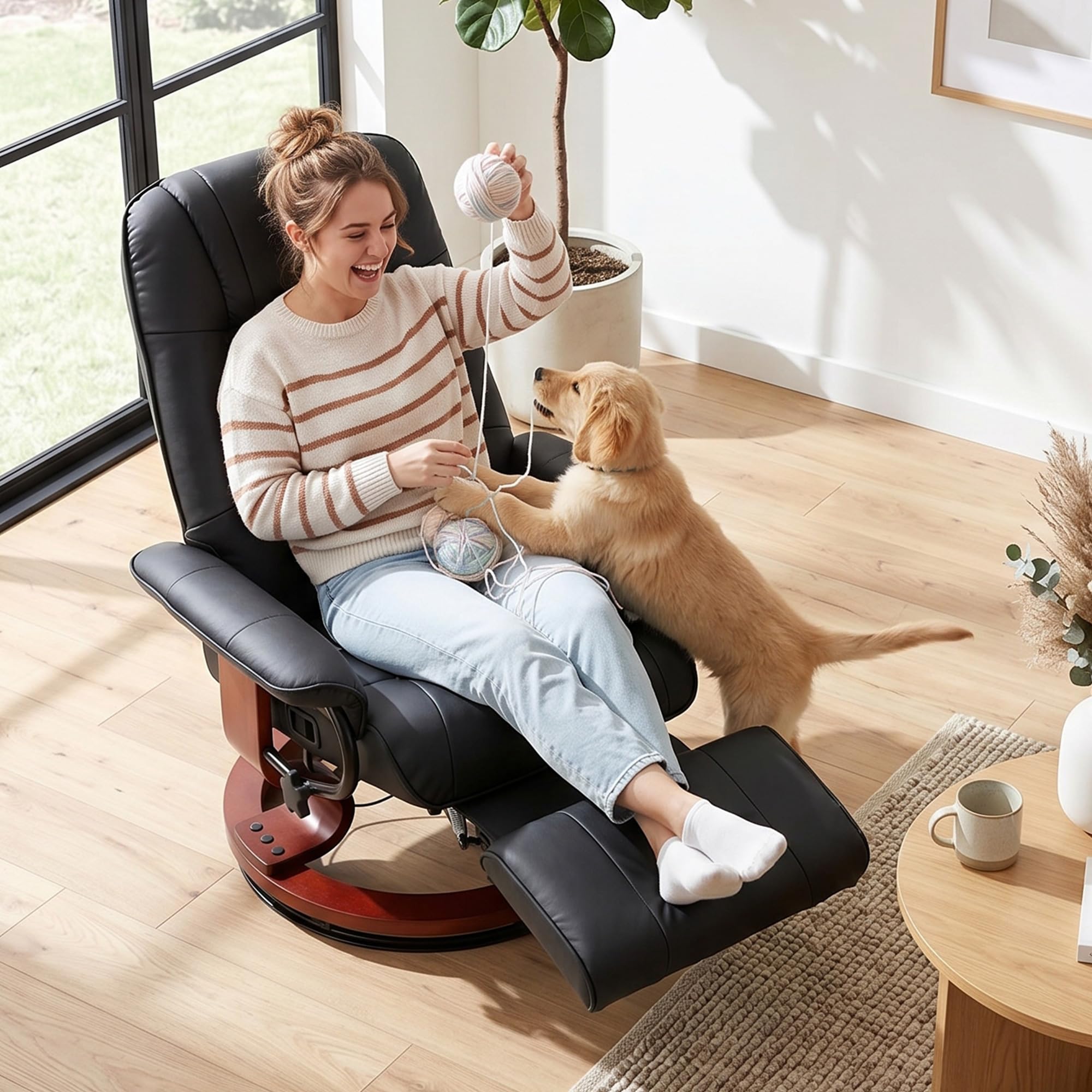 HOMCOM Fauteuil Relax Inclinable, Fauteuil de Salon, Repose-Pieds Réglable, Pivotant 360°, Piètement Bois, Revêtement Synthétique, Noir
