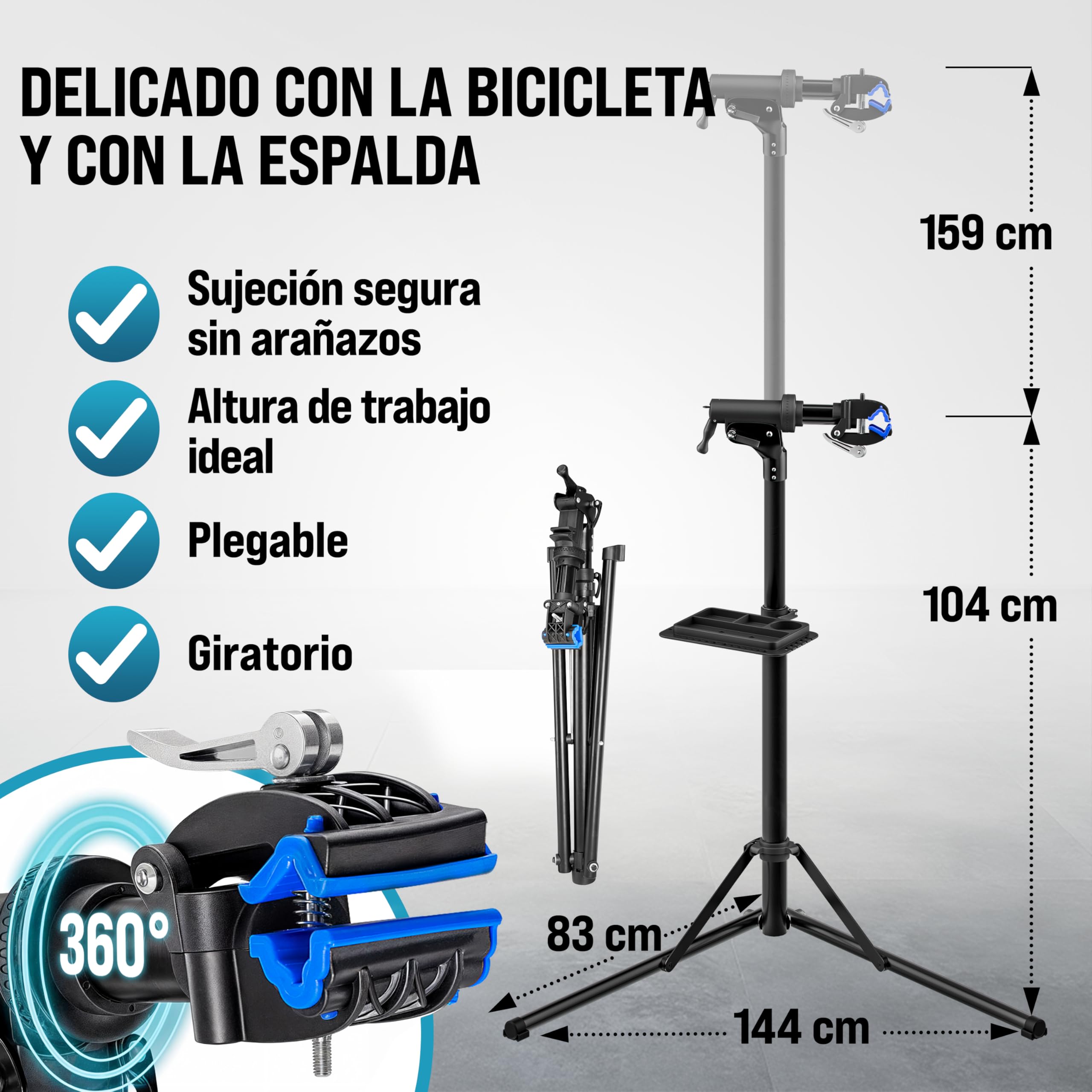 MONZANA® Caballete para Bicicleta Eléctrica Soporte Reparación Montaje Plegable Giratorio Altura Ajustable Barra Sujeción Manillar Bandeja para Herramientas Acero Carga Máxima 50 Kg
