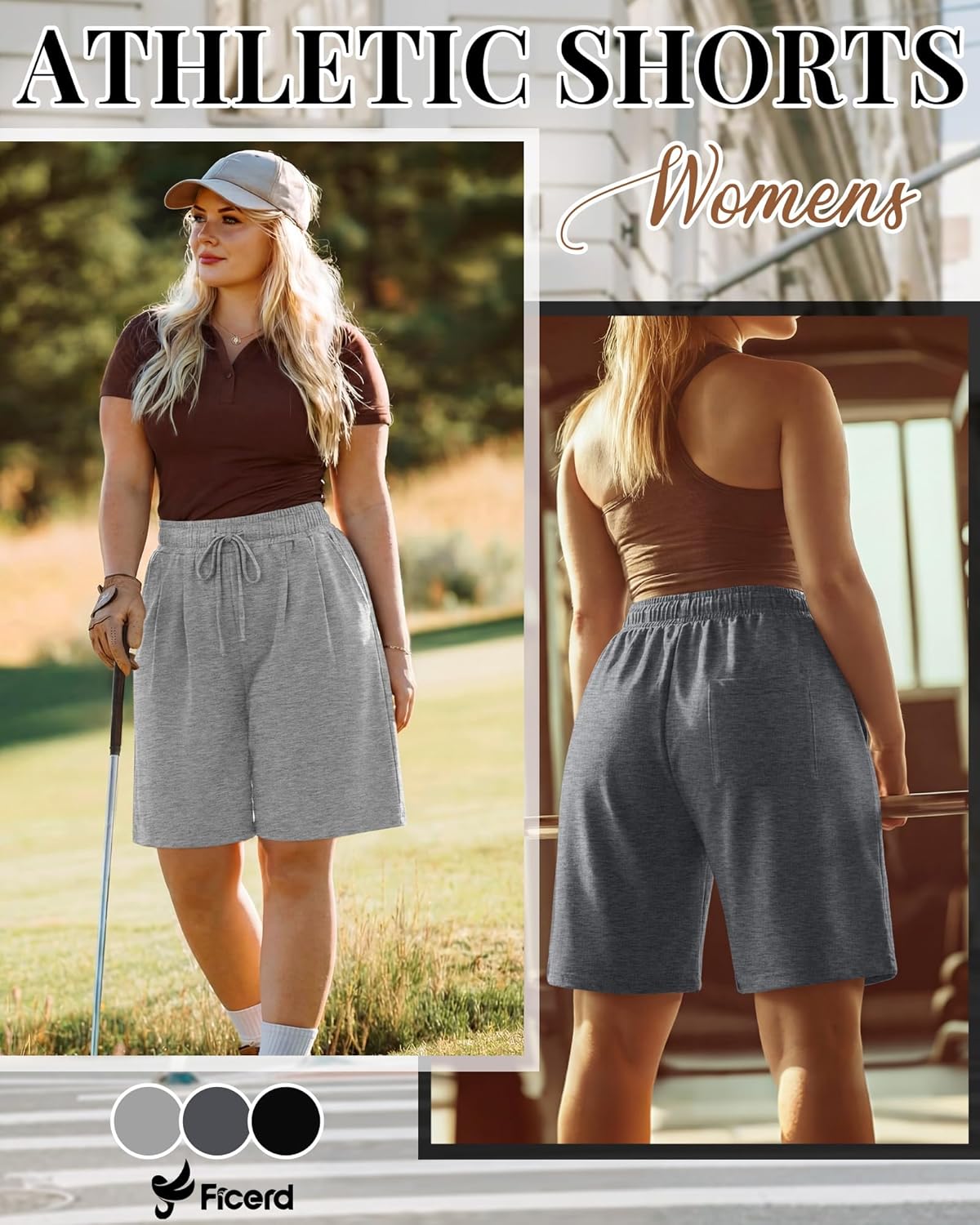 Ficerd 3 Pack Plus Size Women's Bermuda Shorts Cotton Drawstring Knee Length Sweatpants Athletic Casual Pants with Pockets