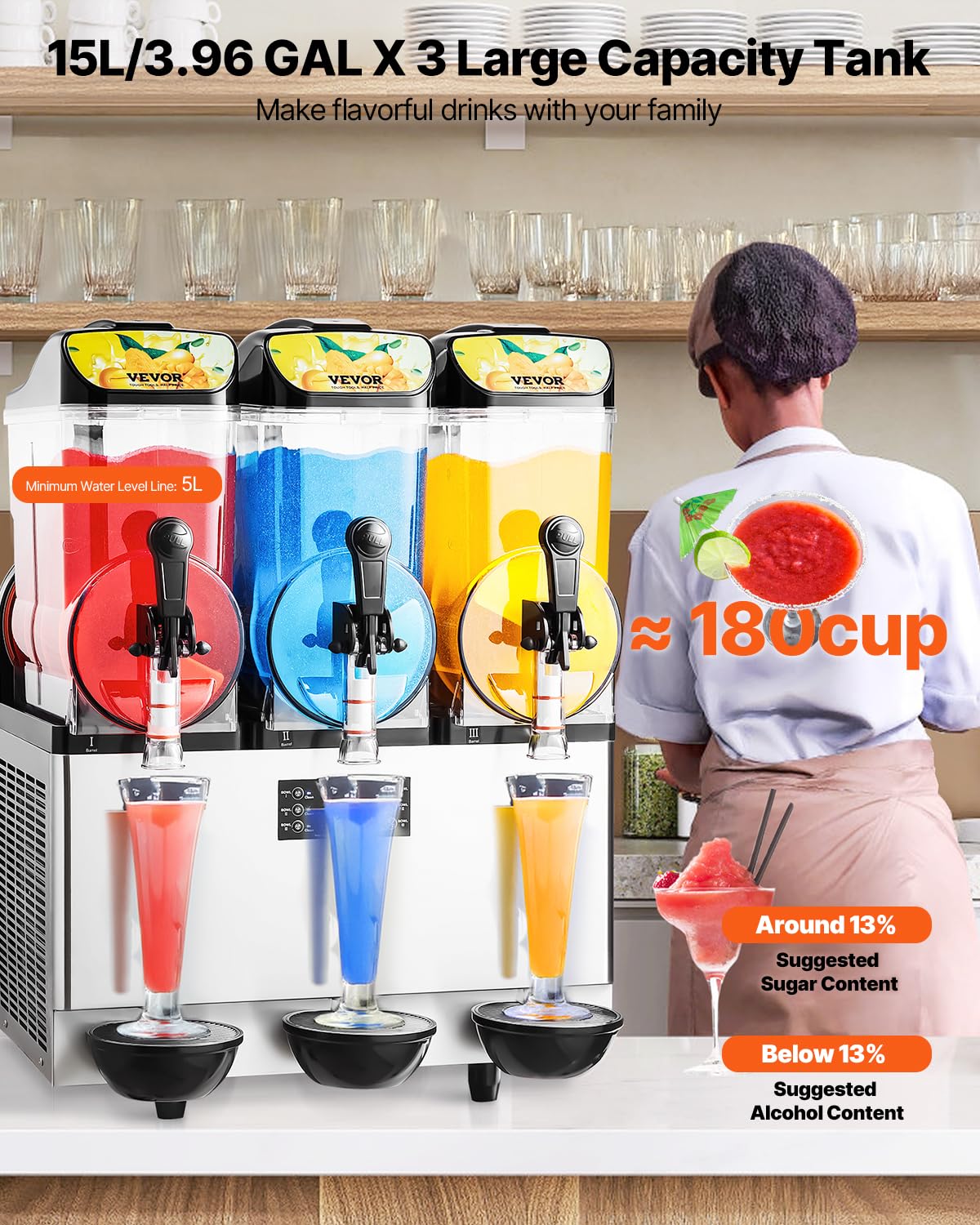 VEVOR Macchina per Bevande Ghiacciate Commerciale, Macchina per Granita Slushy a Triplo Serbatoio 15 Litri x 3 per Frullati in Acciaio Inox da Ristoranti, Bar, Caffetterie