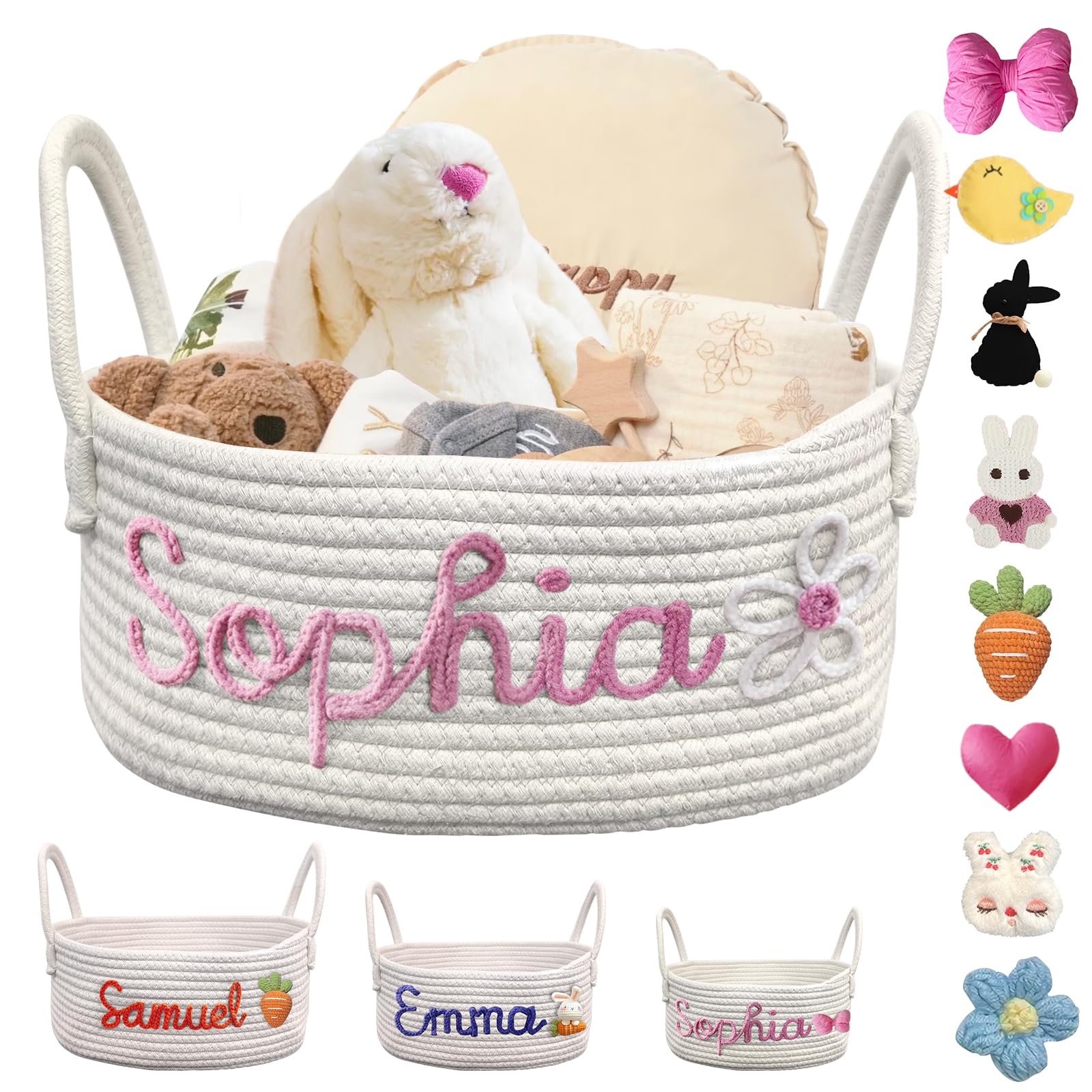 Personalized Basket with Name Custom Cotton Rope Basket Monogrammed Nursery Storage Bin for Diapers Toys & Kids' Room Decor