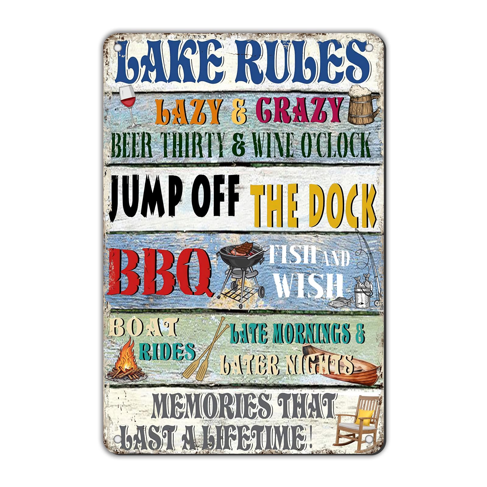 Anceky Vintage Sign Lake Rules Metal Tin Sign Retro Wall Decor for Yard Home Outdoor Indoor Garage 12×16 Inch