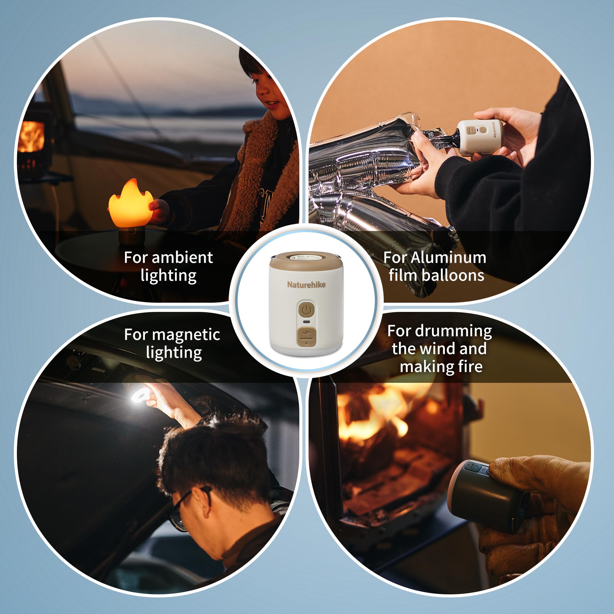 Naturehike Wind-Mini Pompka powietrza z akumulatorem 1600 mAh USB-C Mini kempingowa pompka powietrza Oświetlona przenośna elektryczna pompa powietrza Z 6 dyszami powietrznymi Biały