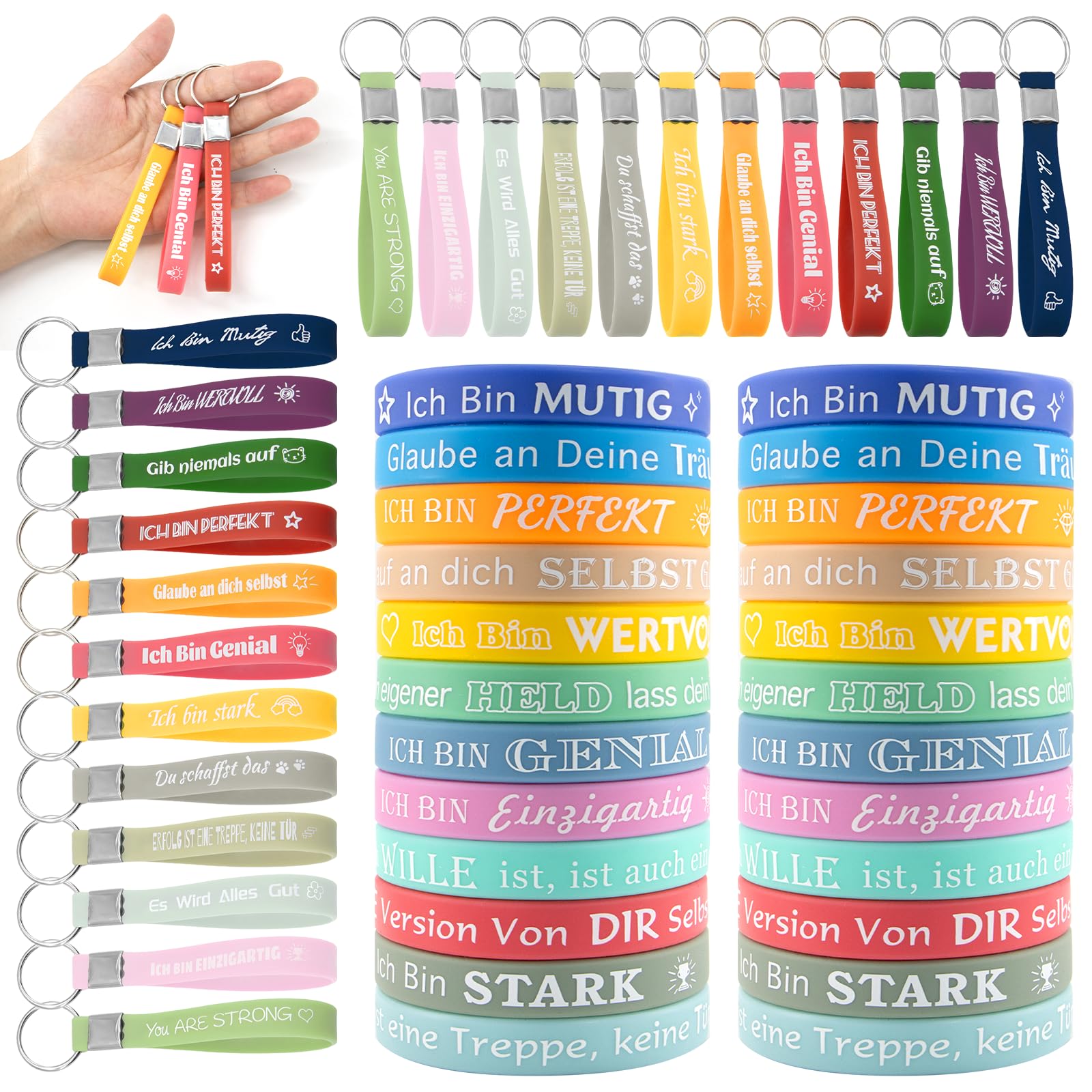 BORISCA 48 Stück Mutmacher Geschenk, 24 Inspirierende Schlüsselanhänger und 24 Inspirierende Armbänder mit Motivierenden Zitaten, Motivation Geschenk für Jugendliche, Studenten, Kollegen