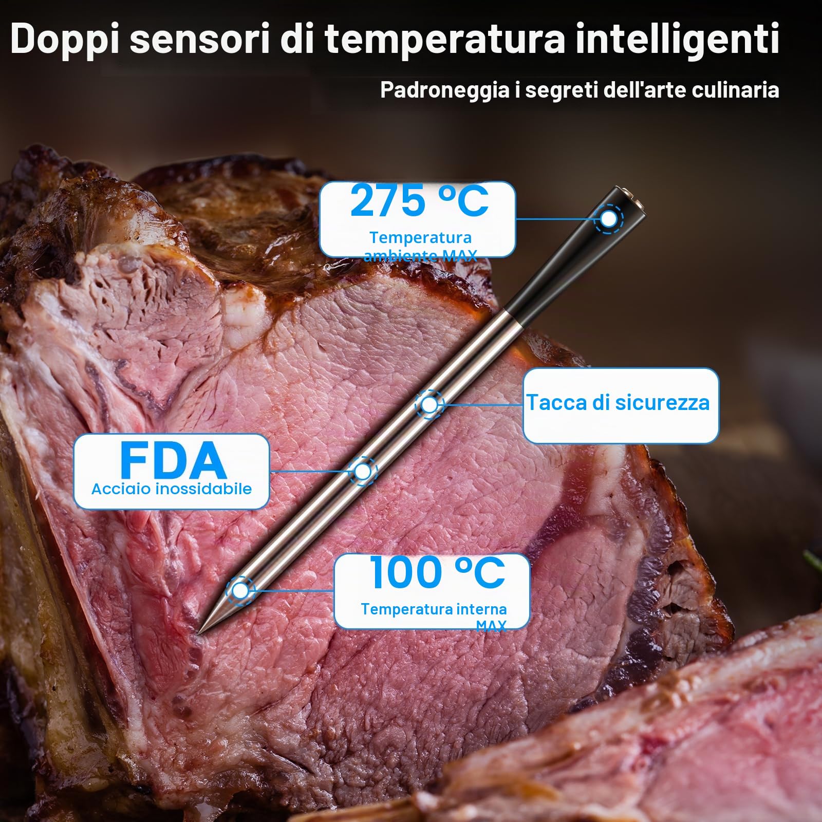 COOKIT Wireless Smart Termometro Cucina, 100m Bluetooth 5.3 Termometro di Carne Barbecue, Controllo App Ipx7 Termometro Alimentare Per Barbecue Grill, Affumicatore, Forno, Rosticceria, Airfryer