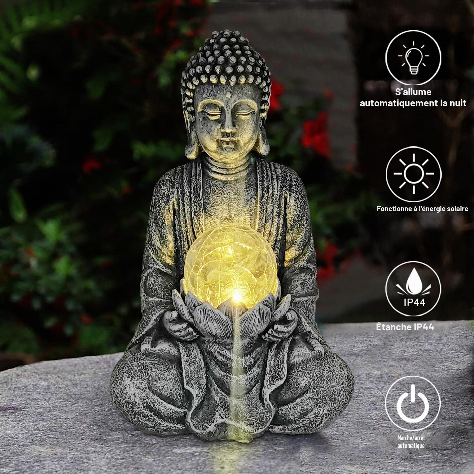 Yeomoo Statue Bouddha Zen avec Globe Solaire Décoration Jardin 26.5cm Gris