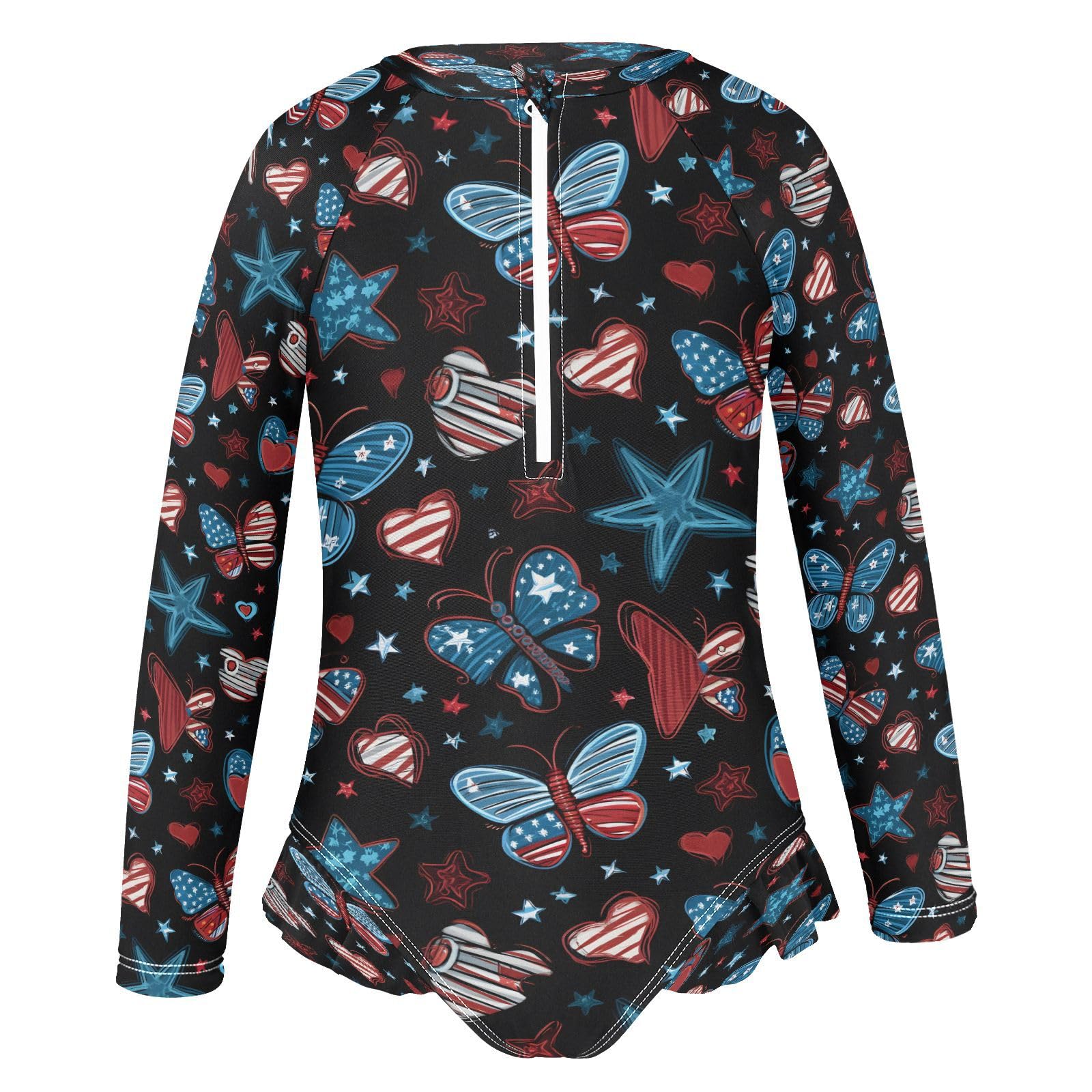 AEZODI July 4th Butterflies Stars Girls Long Sleeve Swimsuits One Piece Zipper Bathing Suit UPF 50+ Rashguard Swimwear