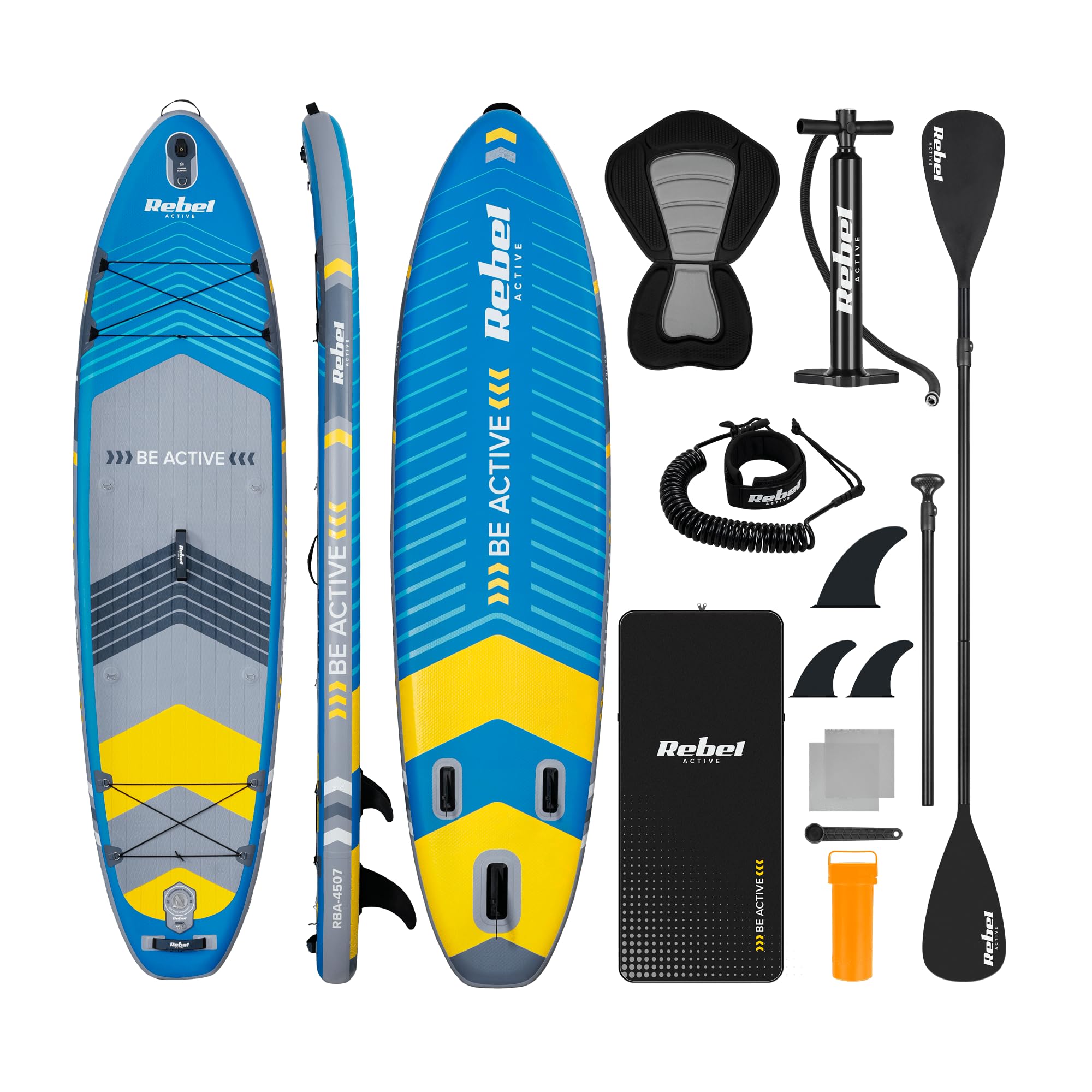 Rebel Brett SUP gepumpt mit Schwimmsitz Drop-Stitch 335 cm Set Paddel Pumpe Rucksack RBA-4507-BL