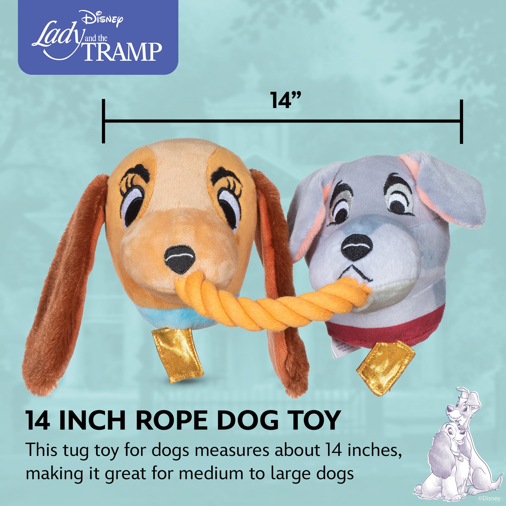 Disney for Pets Lady and The Tramp Hundespielzeug, Seil, 35,6 cm, Hundespielzeug für Hunde, inspiriert von Dame und dem Strolpen mit Knistern und Quietschelementen