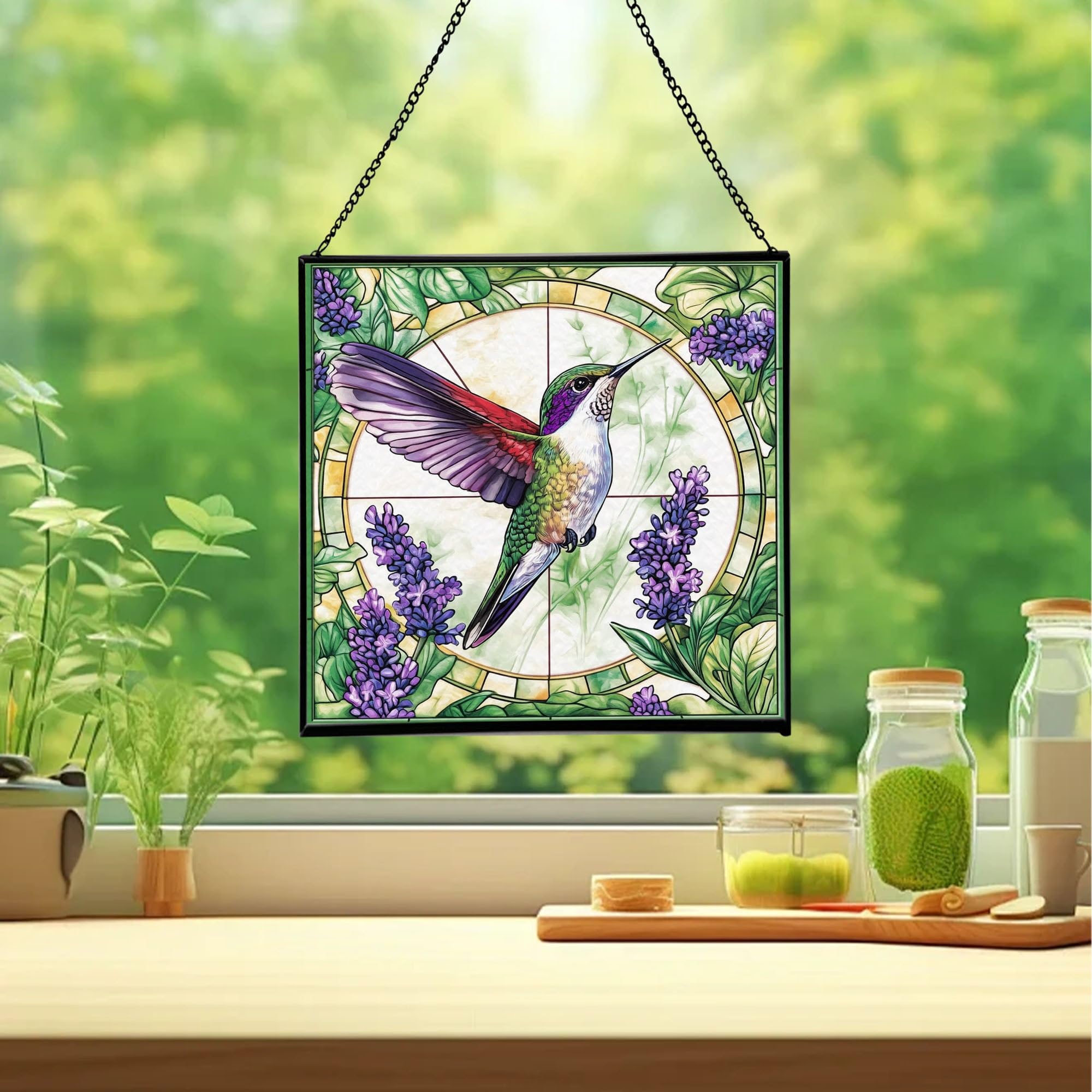 Lavender and Hummingbirds Stained Glass Panels Window Hangings Tiffany Glass Traditional Art Crafts for Home Decor Gifts 72OR13