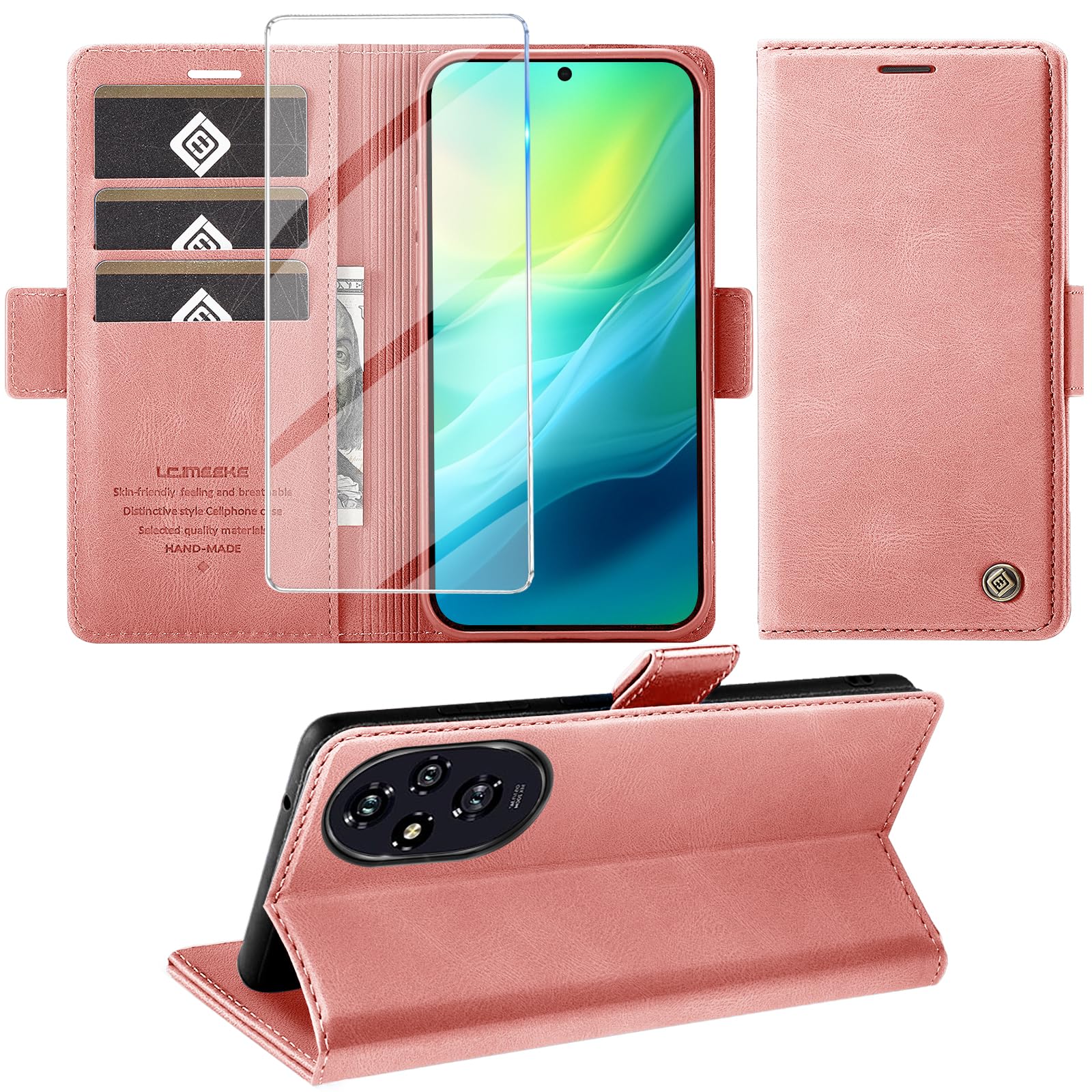 Giyer Cover per Honor 200 Lite Custodia con Vetro Temperato, Premium Pelle PU Portafoglio Slot per Scheda RFID Antifurto Funzione Supporto Flip Case, Antiurto per Honor 200 Lite 5G Cover (Marrone