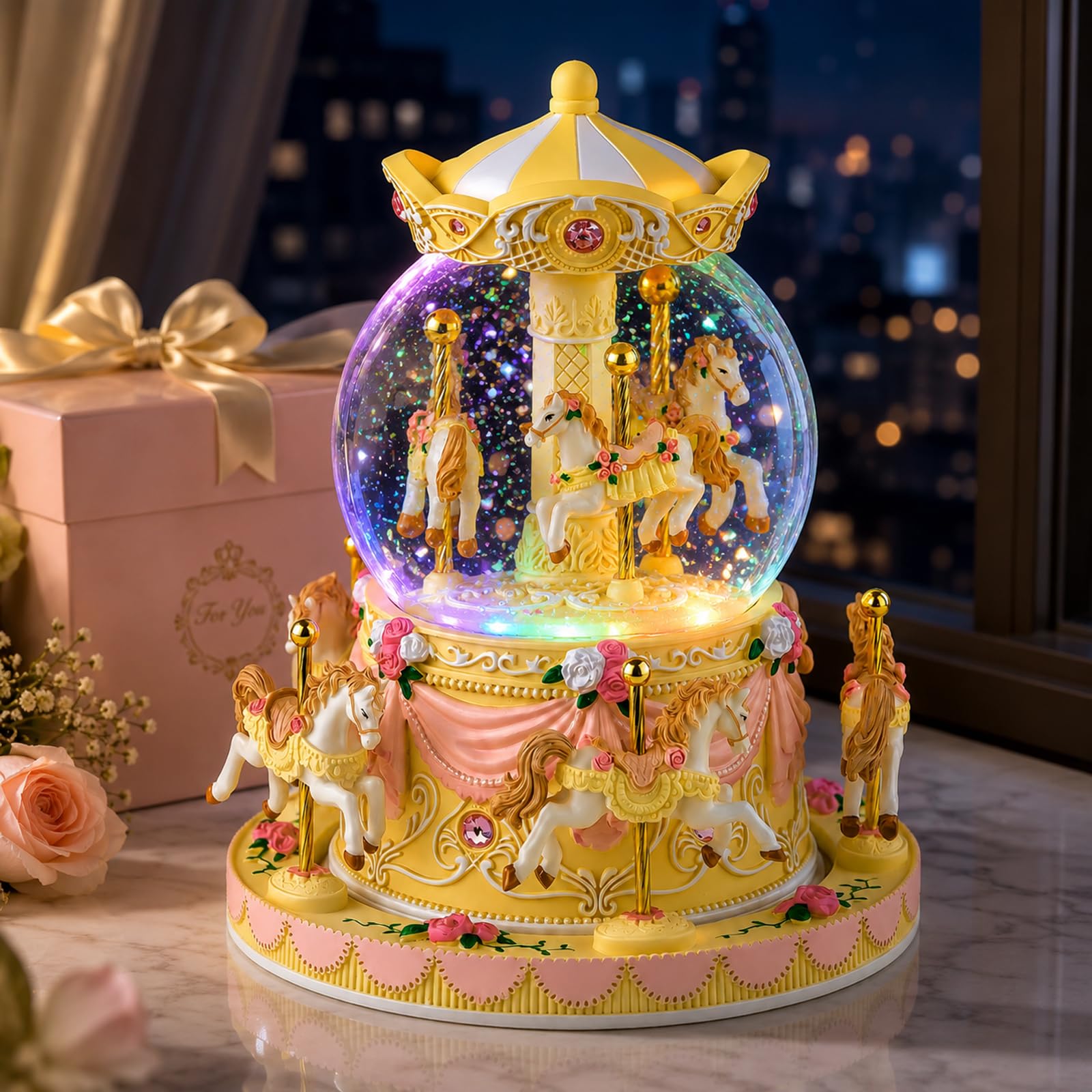Mr.winder Girls Upgrade Yellow Carousel - Play You Are My Sunshine Tune Music Box Carousel Horse Snow Globe With Color Light, Carousel Musical For Christmas Anniversary Birthday Gift For Daughter Women Mom Granddaughter Play You Are My Sunshine