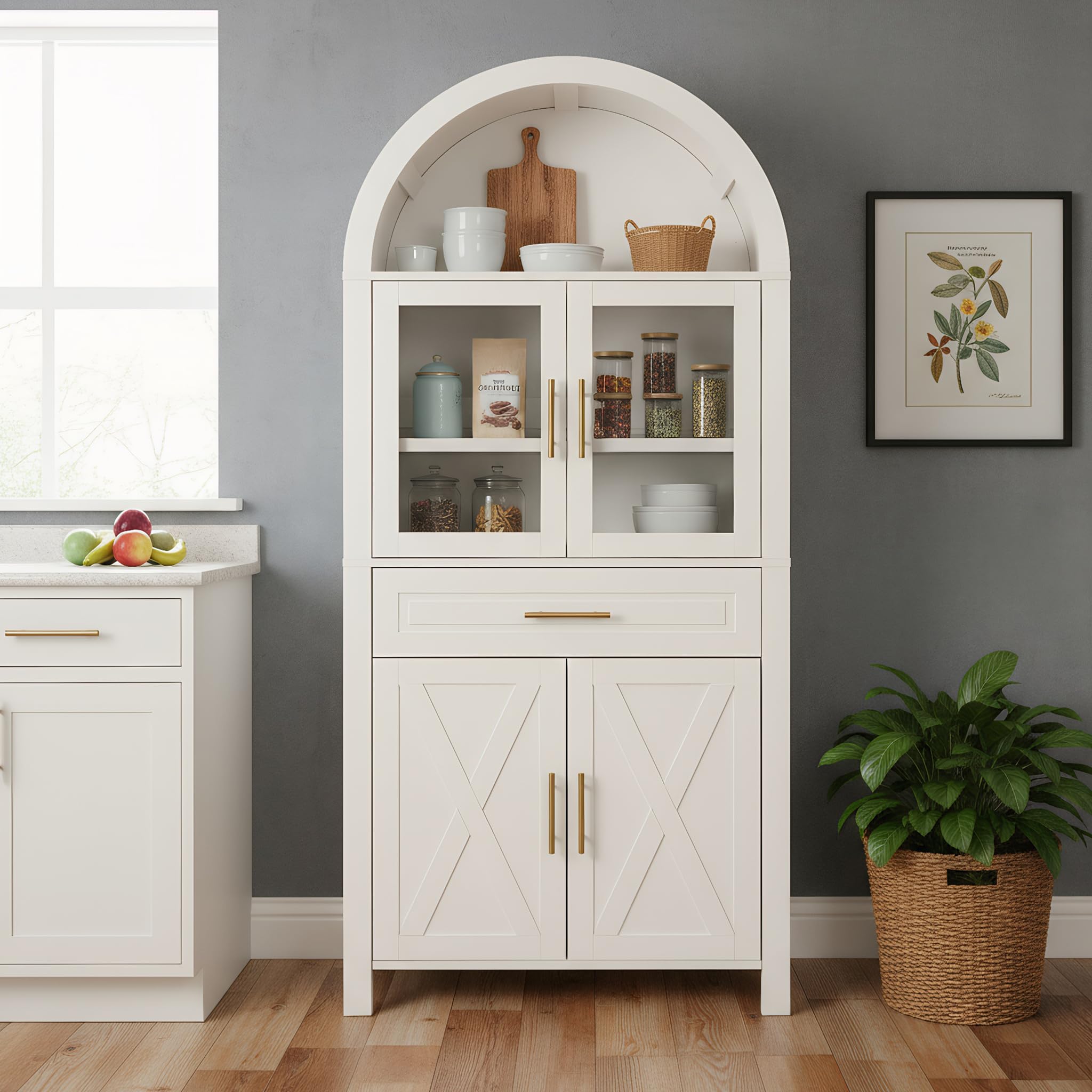 71" Tall Arched Kitchen Pantry Cabinet with Glass Door,Farmhouse Modern Wood Arched Cabinetsw/Adjustable Shelves &amp; Drawer, Accent Cabinet with Barn Door for Kitchen, Living &amp; Dining Room, Bathroom