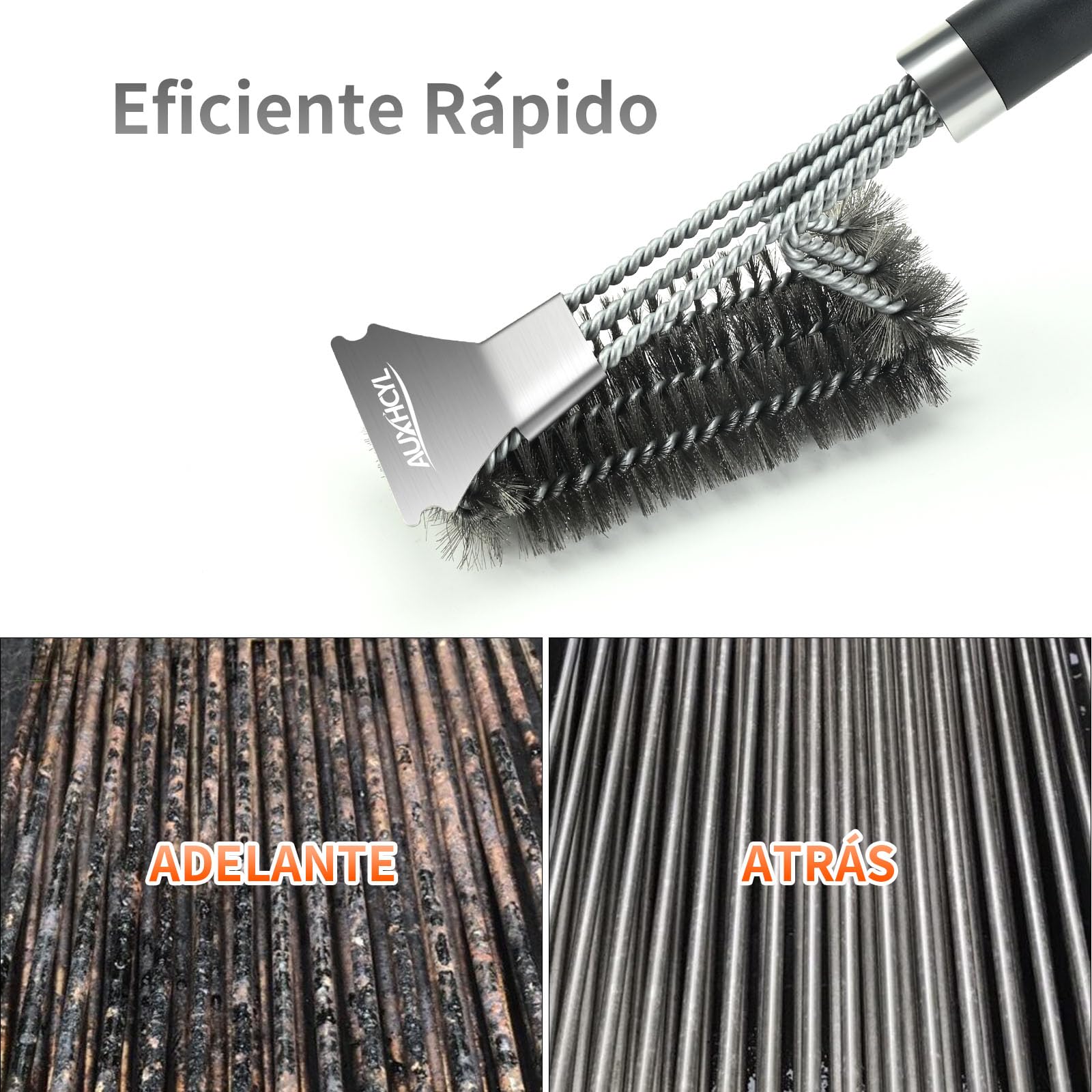 AUXHCYL Cepillo Barbacoa Inoxidable, 3-in-1 Cepillo para Parrilla con Raspador, 45.5cm Largo PP Aislamiento Térmico Mango Cepillo Barbacoa de Limpieza para Parrilla de Gas y Parrilla de Carbón