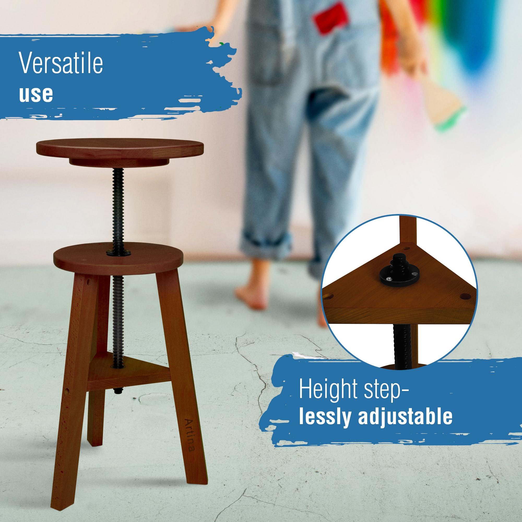 Artina Malhocker Arles Ø 30 cm Sitzfläche Drehhocker Holz höhenverstellbar 48-66cm - runder Künstlerhocker 360 Grad drehbar & belastbar, Nußbaum-Optik, Künstlerdrehstuhl & Werkstatthocker