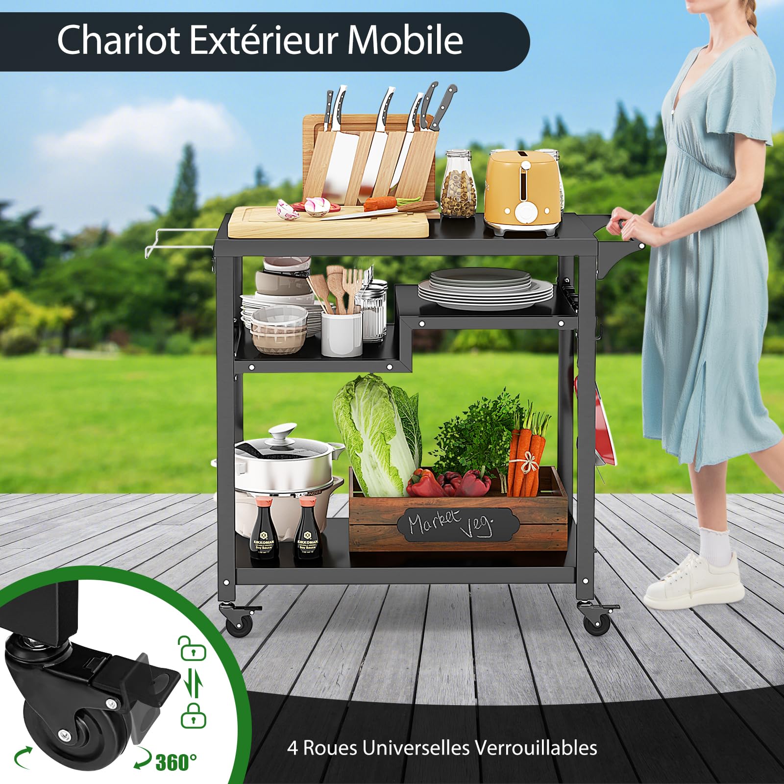 GOPLUS - Carro de barbacoa con 4 ruedas, postre exterior para barbacoa, plancha con 4 ganchos y estante, 111 x 50,5 x 93 cm, carga 50 kg, UI21160ELFR