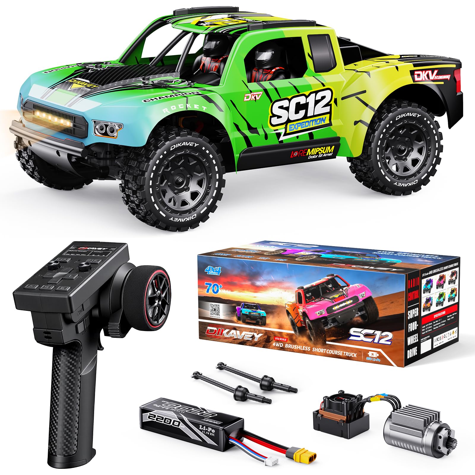 DIKAVEY 1/12 Brushless Remote Control Car RTR, 42MPH (70+Km/H 4WD Rc Short-Course Truck, Amateur-Level Rc Drift Car, Equipped with 3s 2200 Mah Battery, all-terrain tires, Suitable for Adults-Green