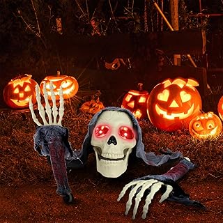 MAIAGO 3 PCS Halloween Decorations Outdoor, Scary Glowing Red Eye Realistic Skeleton and Skeleton Hands Arm Stakes with Bloody Cloth for Halloween Graveyard Décor, Garden, Lawn, Haunted House Props