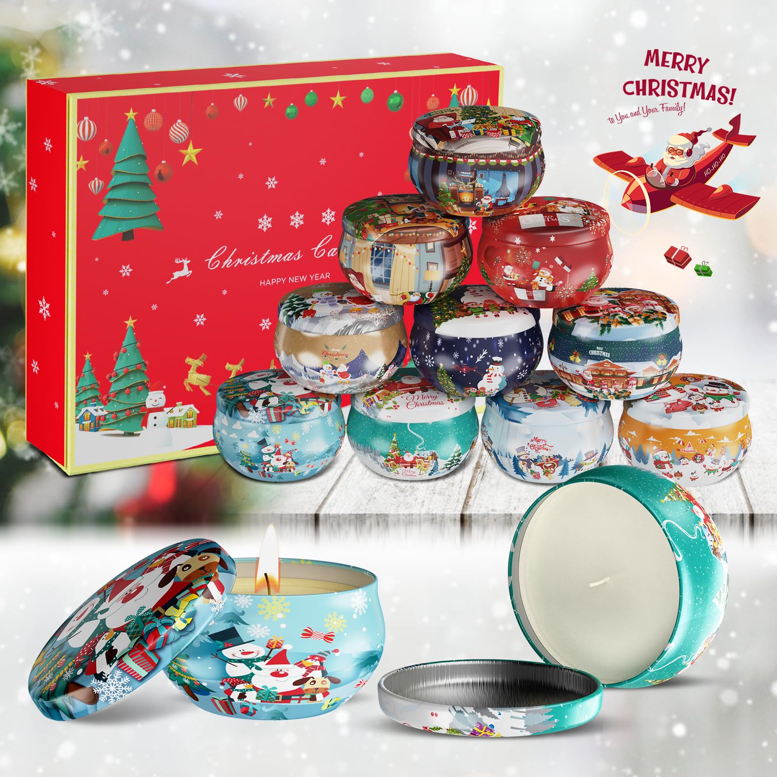 Primevolve Lot de 12 bougies de Noël parfumées pour femme, aromathérapie à la maison, parfum fort, longue durée, boîte de voyage portable pour spa, bain, yoga