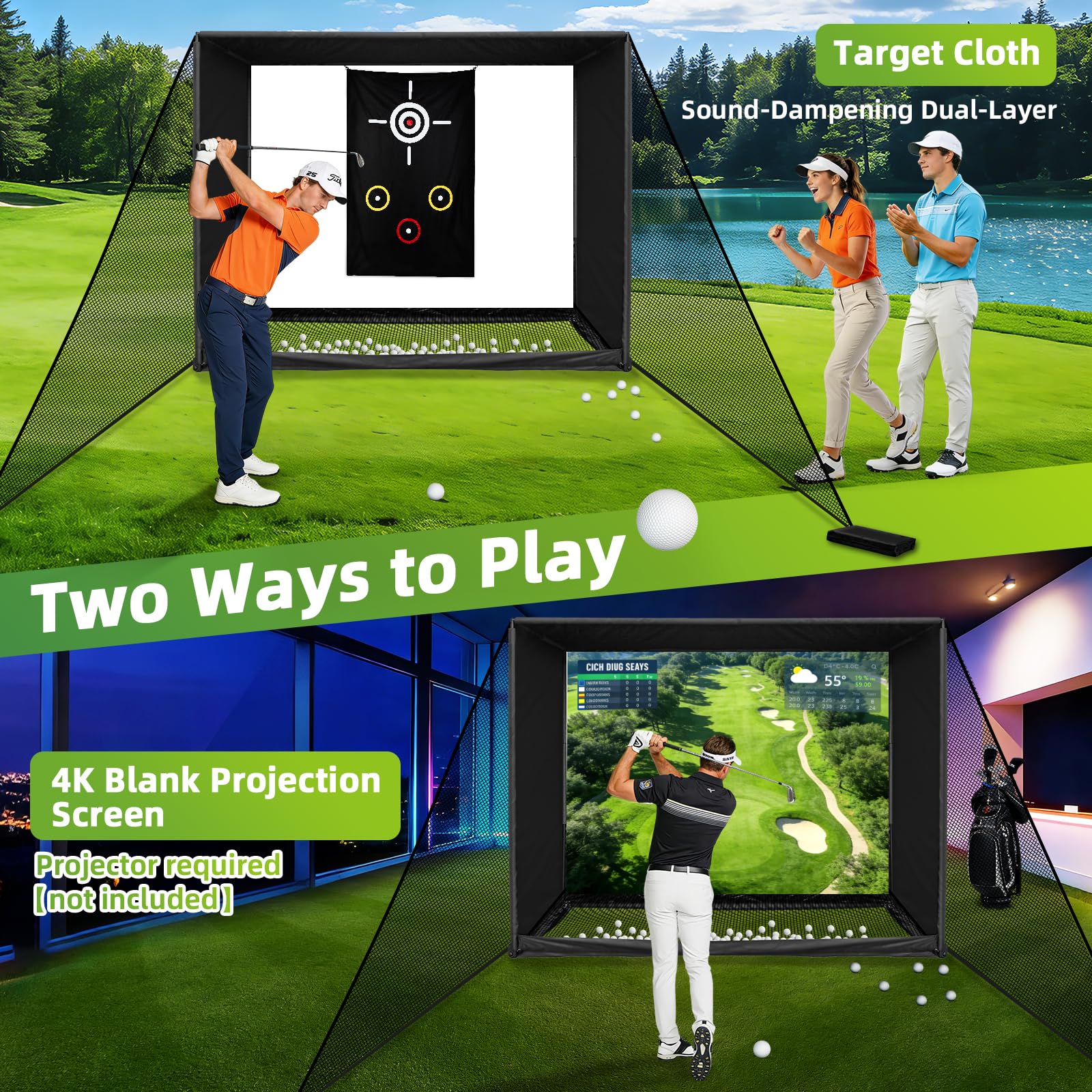 Filet d'entraînement de golf de 3 x 2,4 m avec écran d'impact cible pour simulateur de golf, utilisation intérieure et extérieure, pour l'entraînement au swing et au déchiquetage