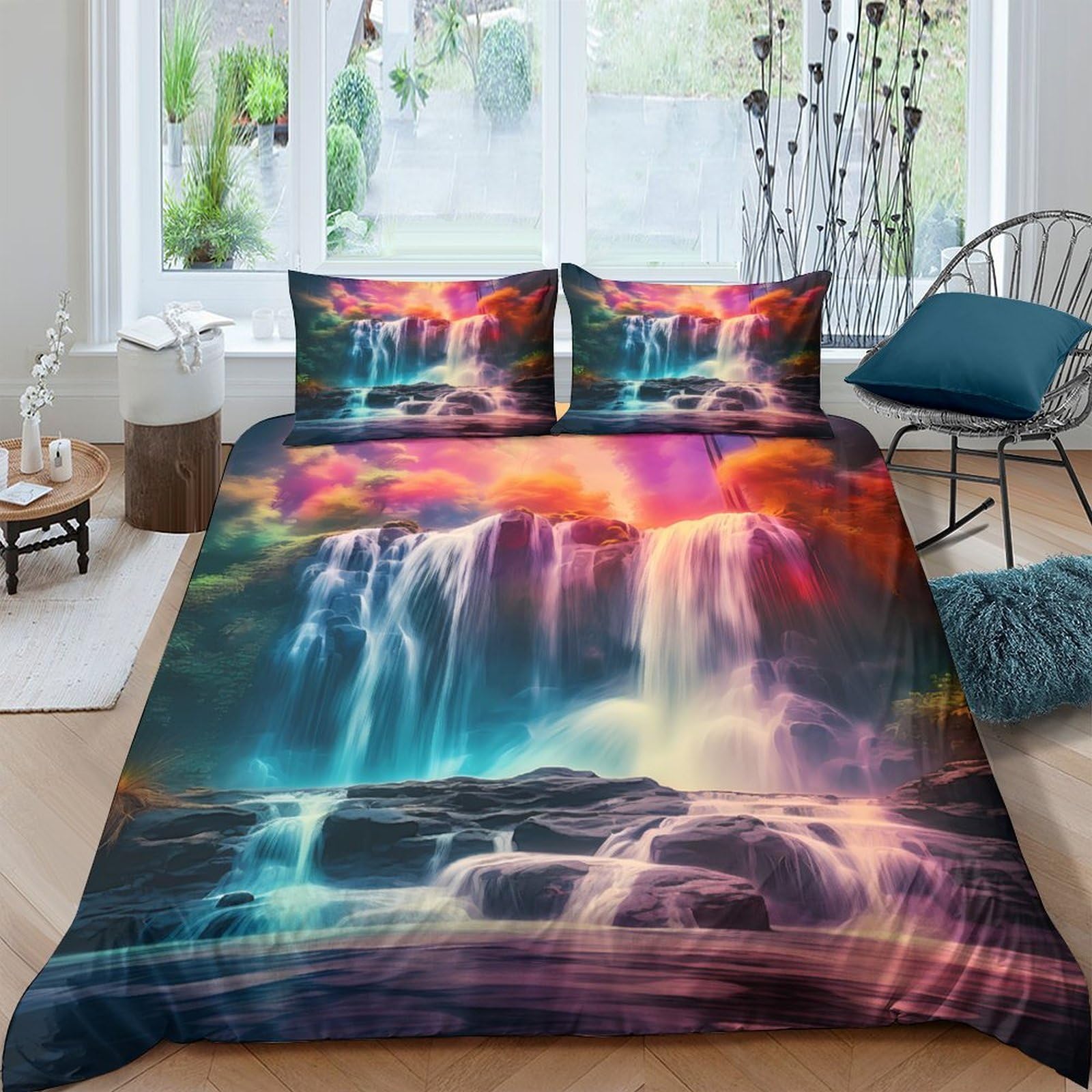 Ctjqhvkz Style-2 3D Printed Waterfall Aurora Fitted Sheet Microfiber Soft Anti-Slip Mattress Cover Bedroom Decor Dustproof Washable Single（135X200cm）