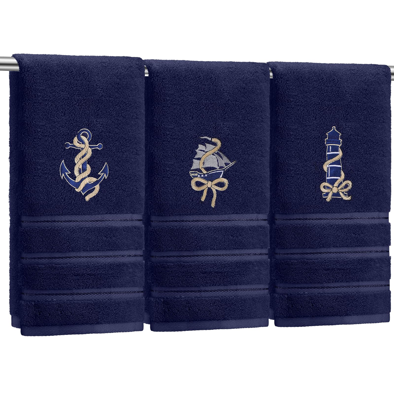3 Pack Coastal Nautical Hand Towels for Bathroom 100% Cotton Embroidered Anchor Sailboat Lighthouse Beach Bathroom Towels 13.78 x 29.53 Inch Soft Absorbent, Navy Blue