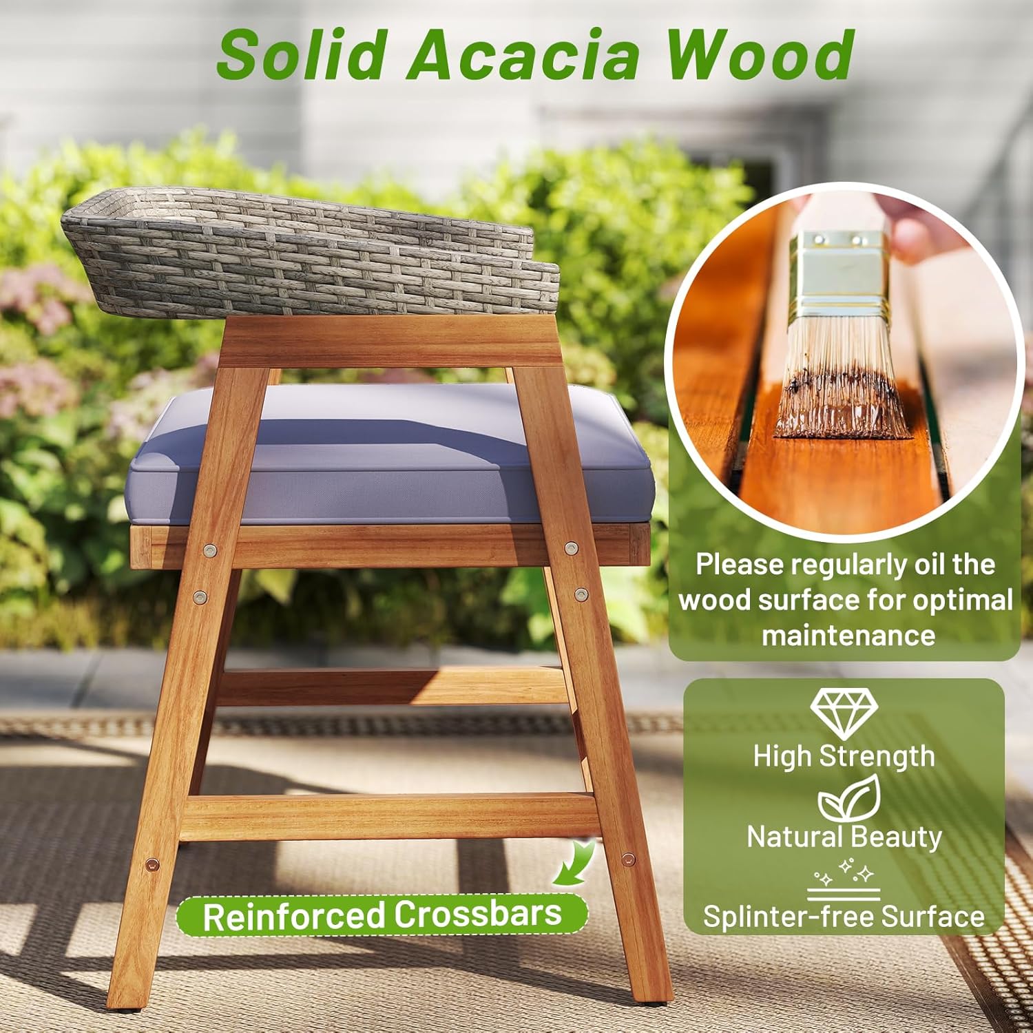 HAPPYGRILL Patio Acacia Wood Dining Chairs Set of 4, with Cushions and PE Wicker Backrests, Support 400 LBS, Outdoor Bistro Chairs for Lawn, Deck, Garden and Backyard