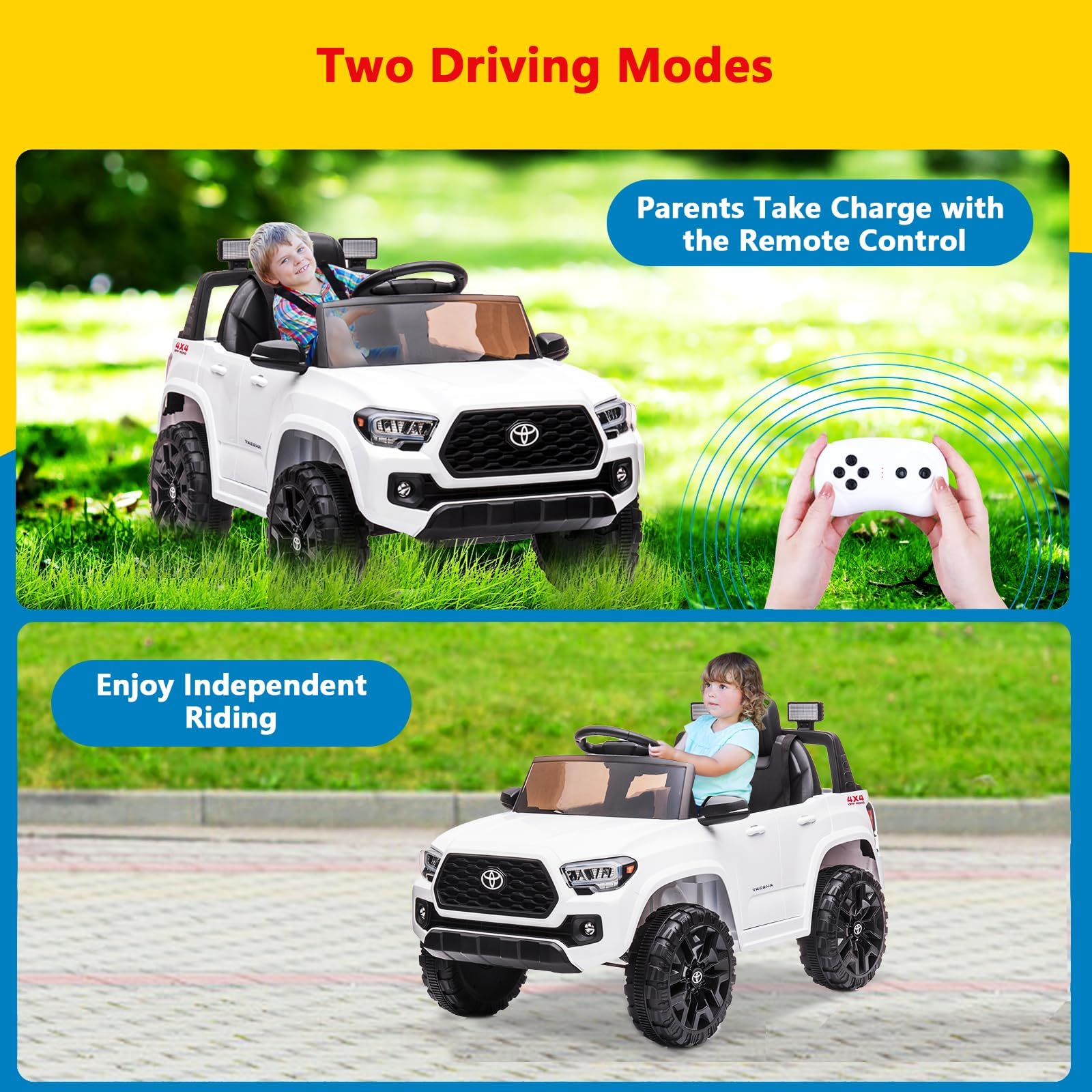Lizenziertes Toyota 12V Kinder Elektroauto – Mit Fernbedienung, Sicherheitsgurt, sanftem Start, LED-Beleuchtung, Federung – Elektrisches Kinderfahrzeug ab 3 Jahre – Farbe: Weiß