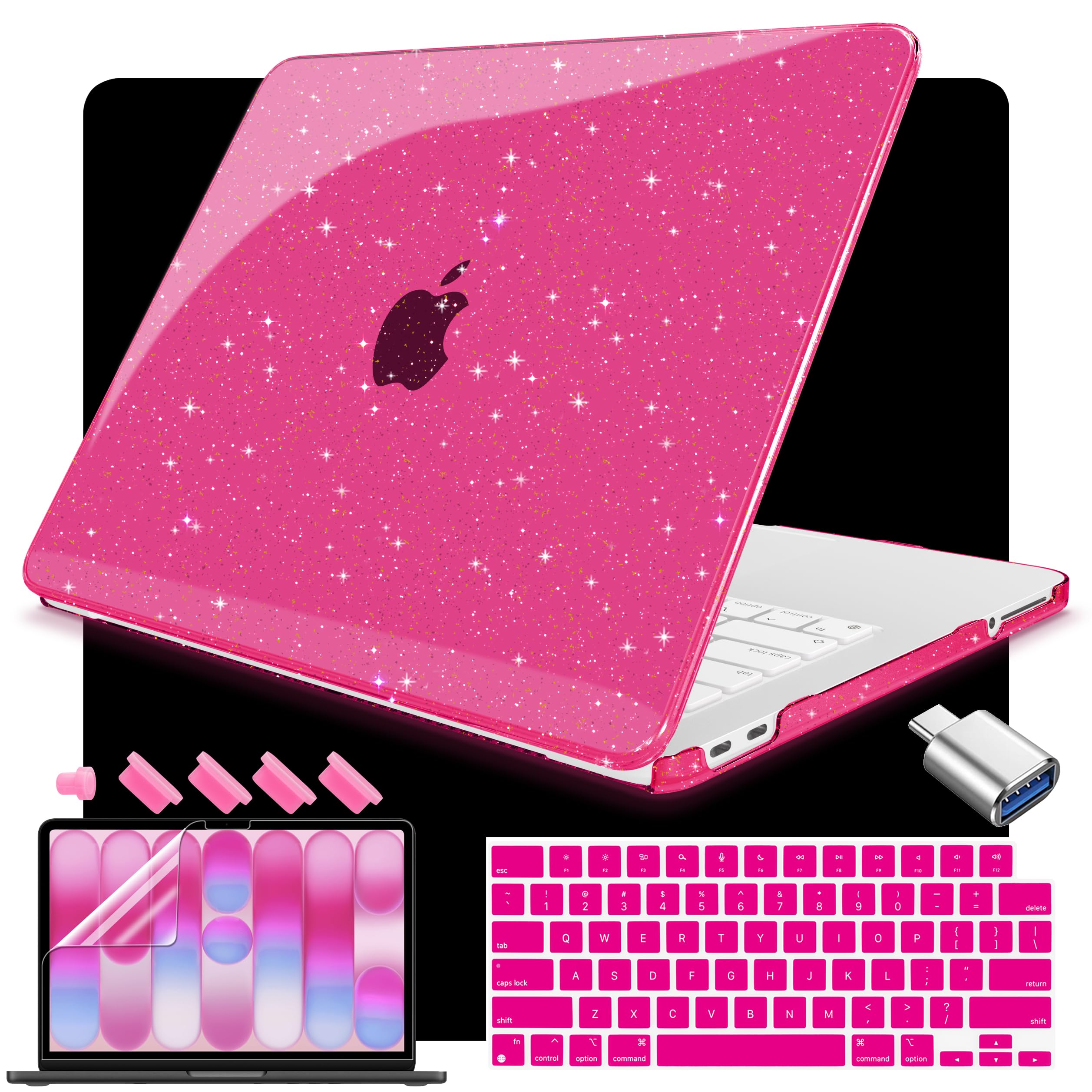 Teryeefi Gltter Schutzhülle für MacBook Neo 13 Zoll (33 cm) 2026 (A18 Pro) Modell A3404, schlanke Schutzhülle und Tastaturabdeckung & Typ-C-Adapter – Sparkly Rose Pink