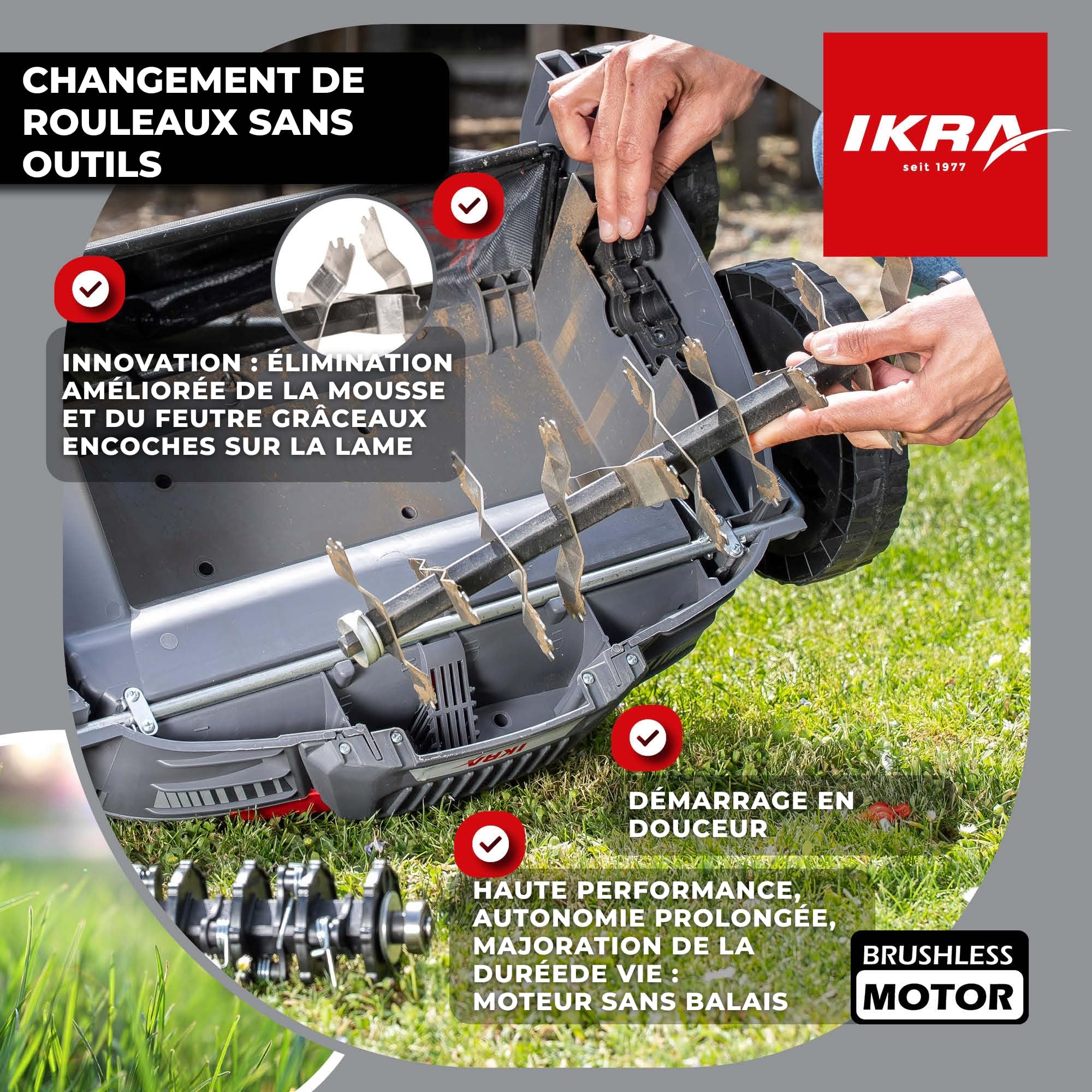 IKRA scarificateur-aérateur IB-SR 36, sans batterie 36 V ni chargeur | Compatible avec Bosch, bac de ramassage 45 l, largeur 36 cm, hauteur de coupe de -12 à +10 mm, poignée réglable en hauteur