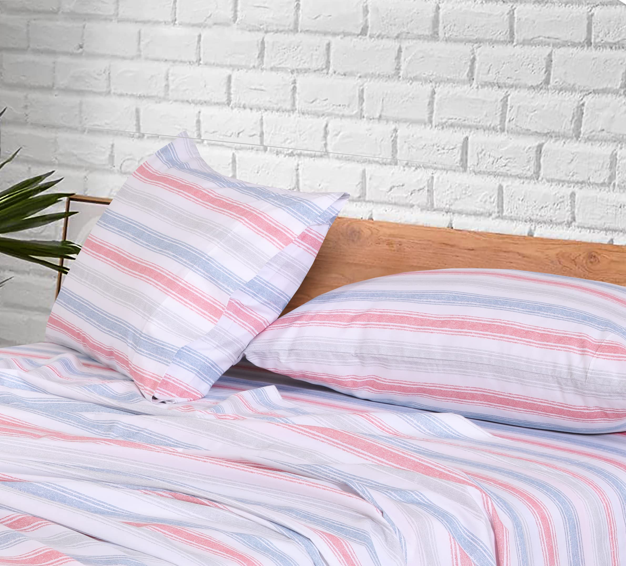 Ruvanti 100% Cotton Sheets Queen Size Set, 4 Pieces, Soft & Breathable Percale Weave Bedding, Deep Pocket 16", Hotel Standard, Crisp Cool Feeling, Durable, Striped Bed Sheet, Times