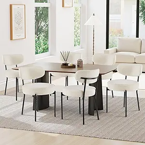 Sweetcrispy Dining Chairs Set of 6, Boucle Upholstered Modern Mid Century Round Kitchen Chairs with Curved Backrest & Metal Legs for Vanity, Living Room - Beige