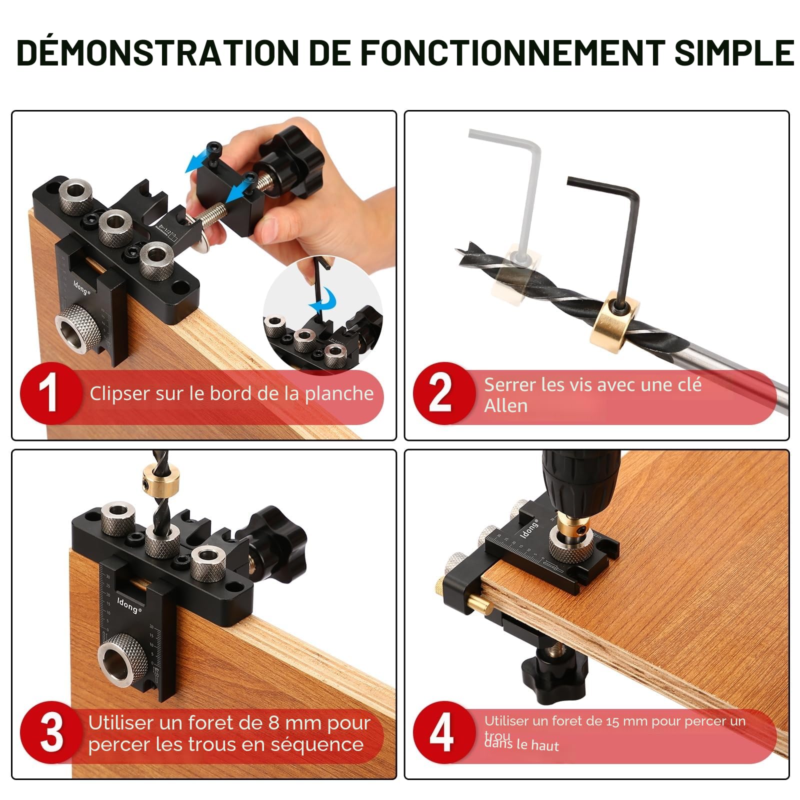 Gabarit De Percage Set，8/10/15 mm Gabarit de Trou de Poche,3 en1 Kit Localisateur de Guide de Percage Cheville Bois,Outils de Bricolage pour le travail du bois (noir Gabarit De Percage)