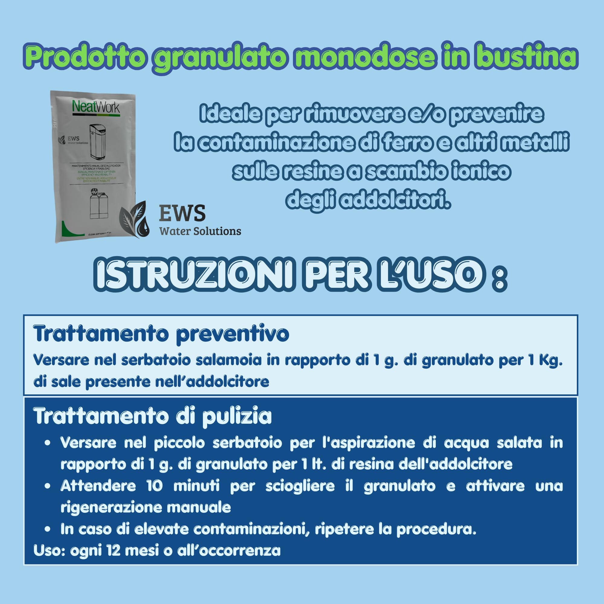 EWS® | 3 Buste di Sanificante/Igienizzante per Addolcitori | Disinfetta e Migliora la qualità dell'Acqua. 3 bustine da 30 g./cad